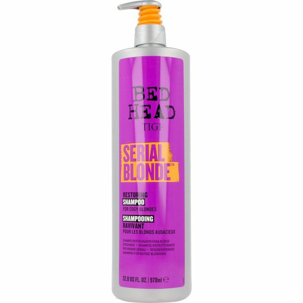 Tigi Bed Head Serial Blonde Shampoo Flasche. Lila Flasche mit gelbem Etikett. Pumpe mit orangefarbenem Kopf.