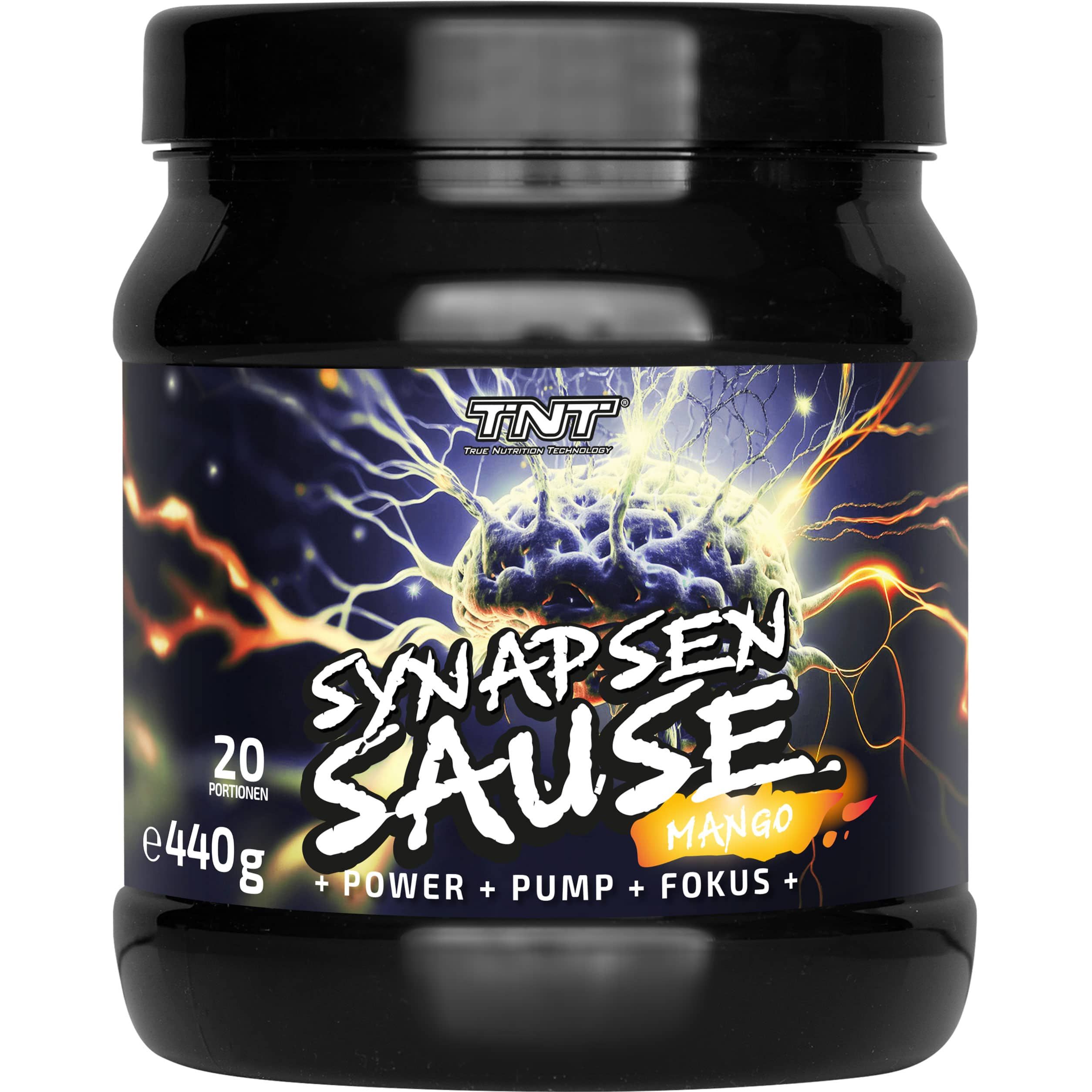 Schwarzes Produktglas mit Etikett. Aufschrift: SYNAPSEN SAUSE, Mango, 20 Portionen, e440g. Logo: TNT.