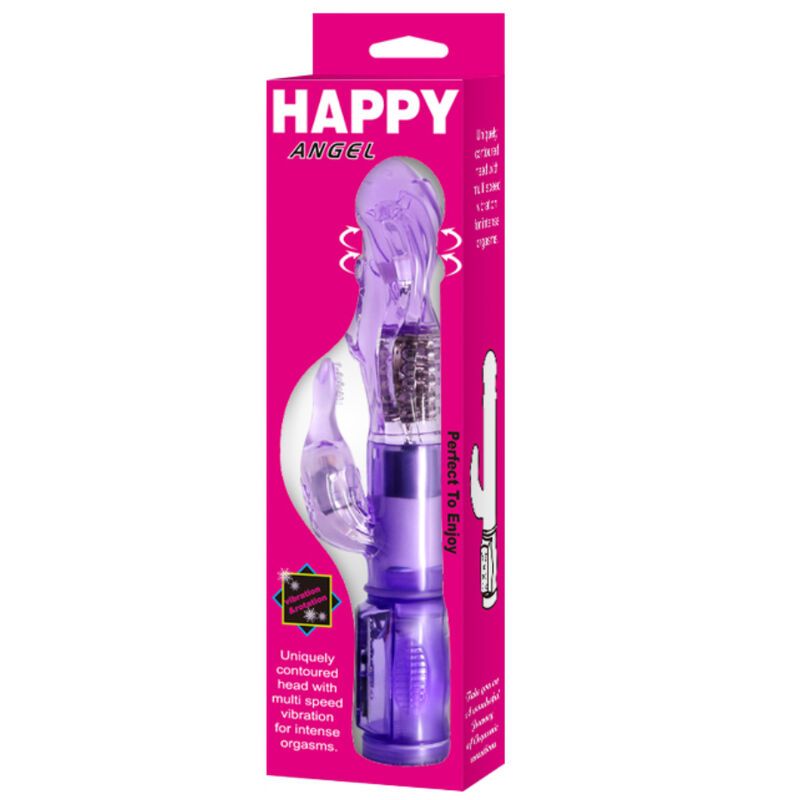 Vibrator in Verpackung. Lila Produkt mit Kaninchenohren-Aufsatz. Verpackung mit Text: HAPPY ANGEL, Perfect To Enjoy.