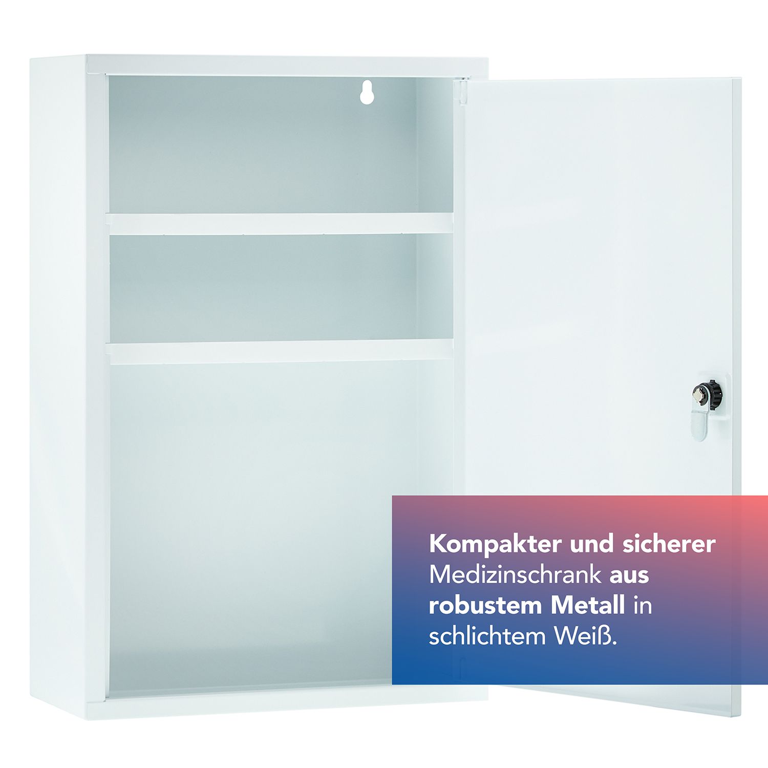 Offener weißer Medizinschrank aus Metall mit zwei Fächern.