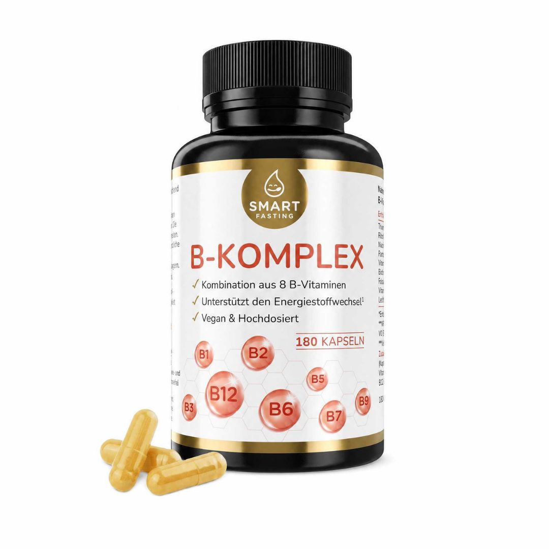 Smart Fasting B-Komplex Flasche mit 180 Kapseln und drei Kapseln daneben.
