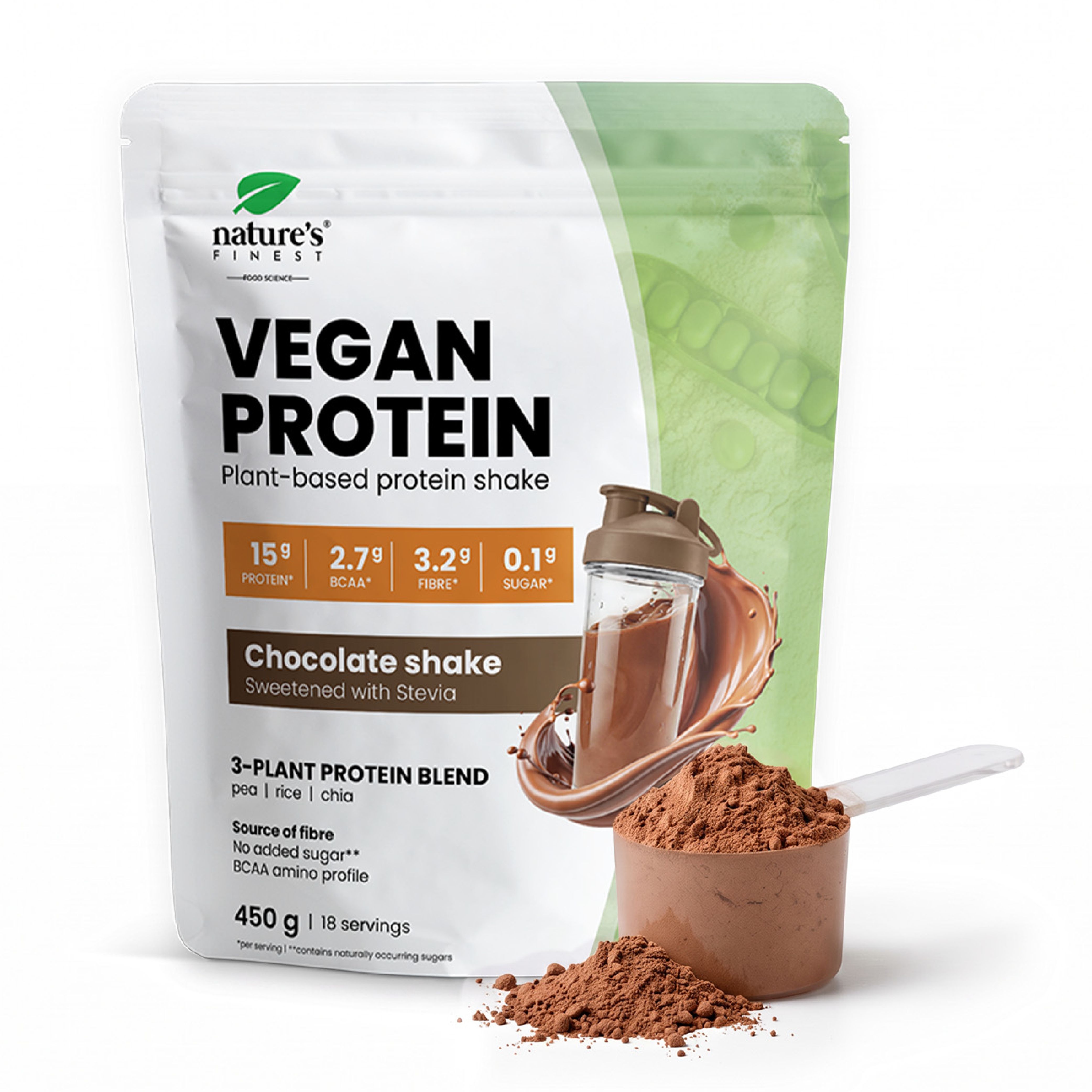 Nature's Finest Vegan Protein Schokoladen-Shake: 450g Beutel mit Messlöffel und Shaker.