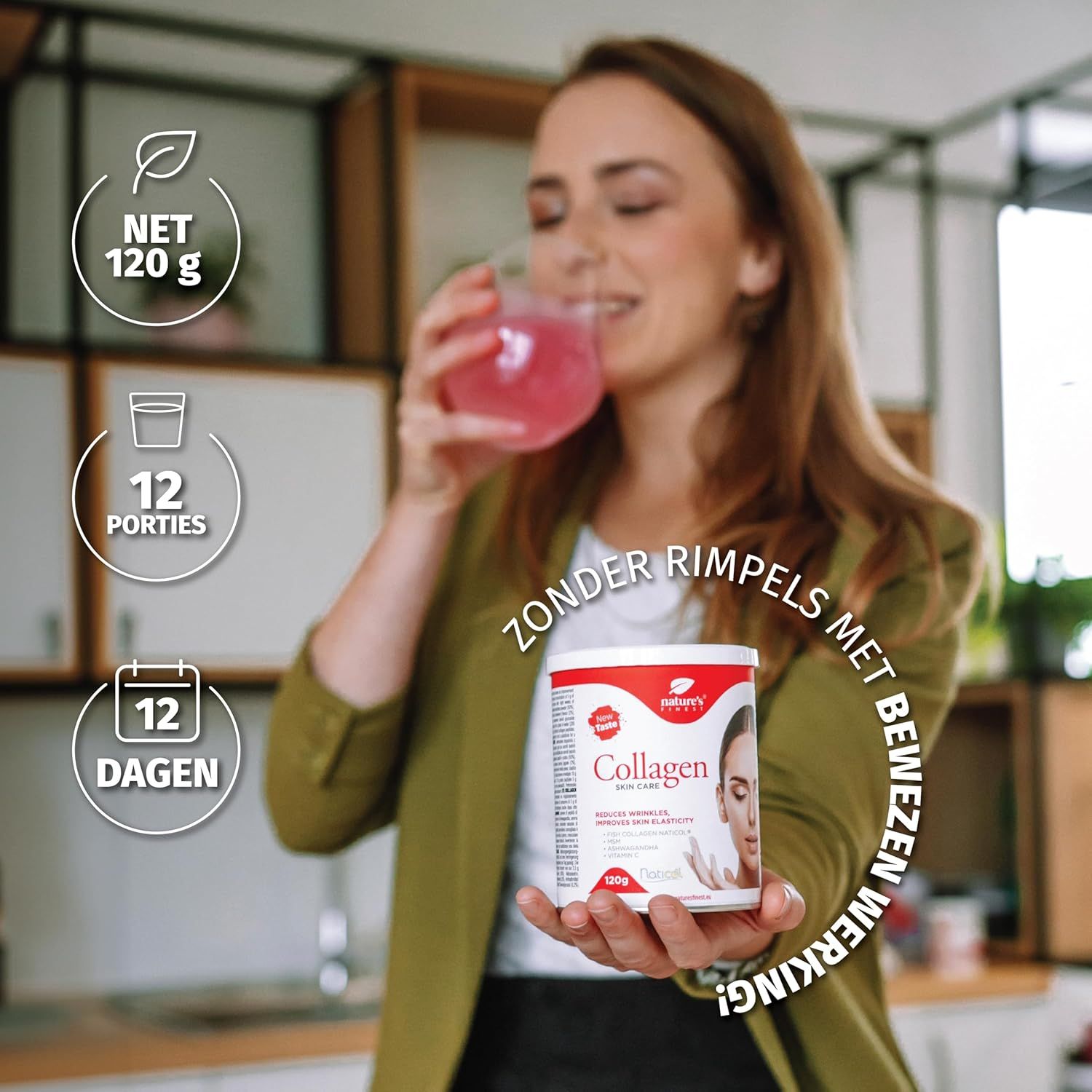 Frau hält Dose Kollagen SkinCare. Aufschrift: 12 Portionen, 12 Tage. Netto 120g.