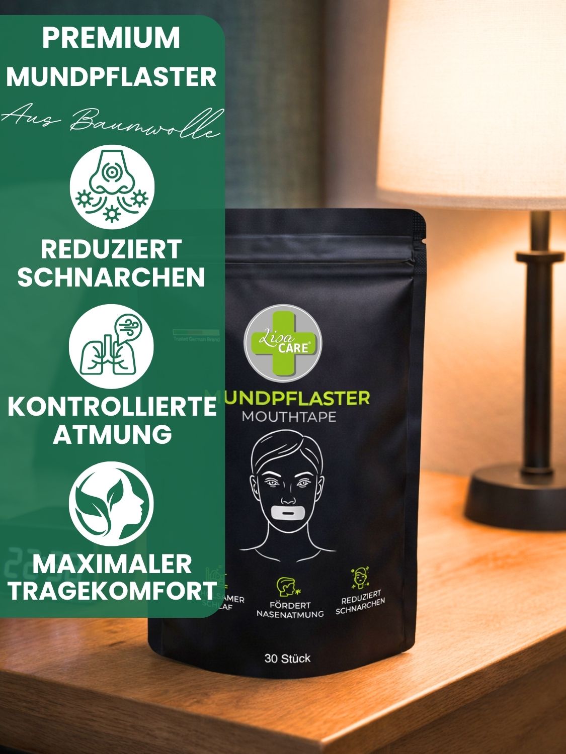 Produktverpackung auf Nachttisch. Premium Mundpflaster aus Baumwolle. Reduziert Schnarchen, kontrollierte Atmung, maximaler Tragekomfort.