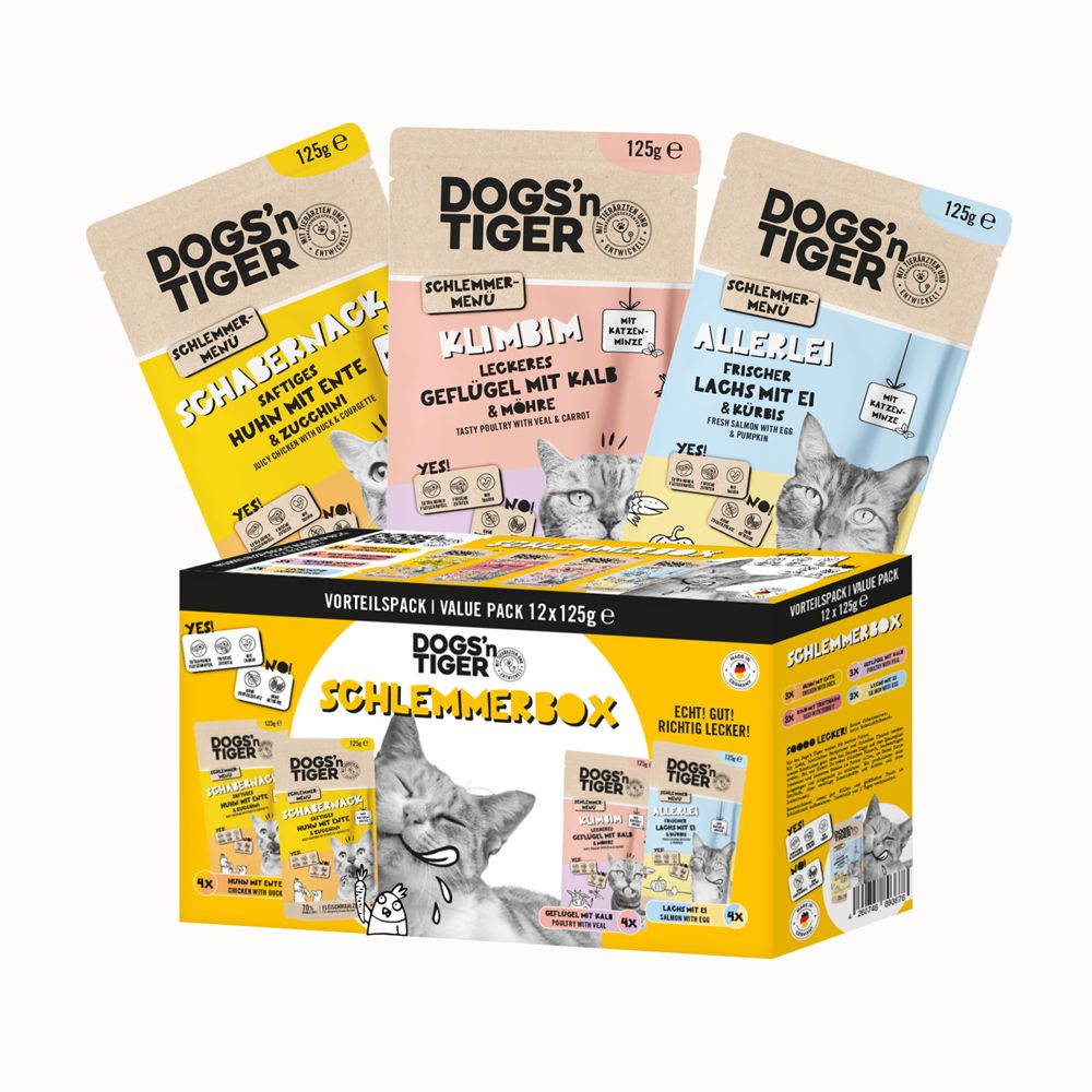 Dogs'n Tiger Schlemmerbox. Karton mit 12 Beuteln Katzenfutter. Drei Beutel sind sichtbar: Ente, Geflügel, Lachs.