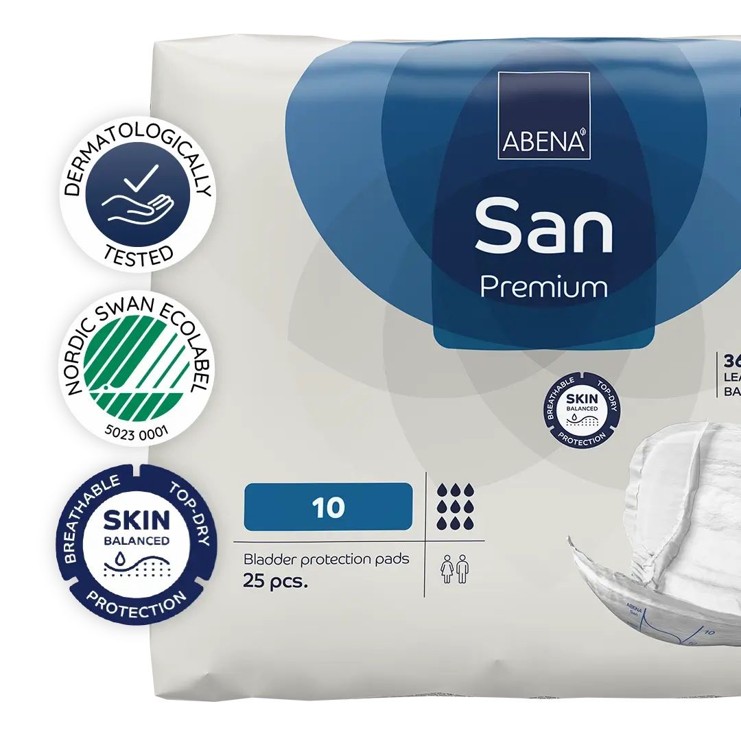 Nahaufnahme der Verpackung von ABENA San Premium. Enthält 25 Stück. Mit dermatologisch getestetem Label und Nordic Swan Ecolabel.