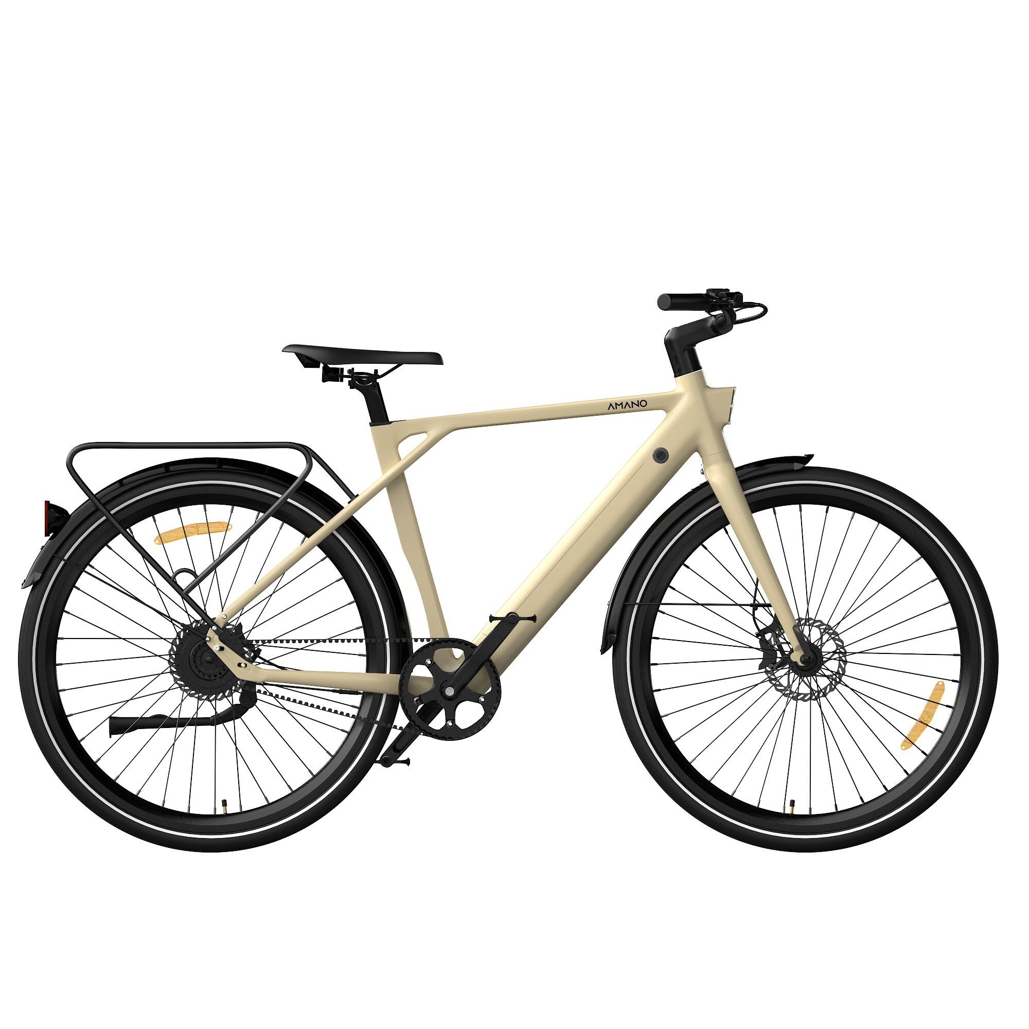 Beige E-Bike mit schwarzen Reifen und Gepäckträger. Marke AMANO sichtbar. Kettenschutz und Sattel.