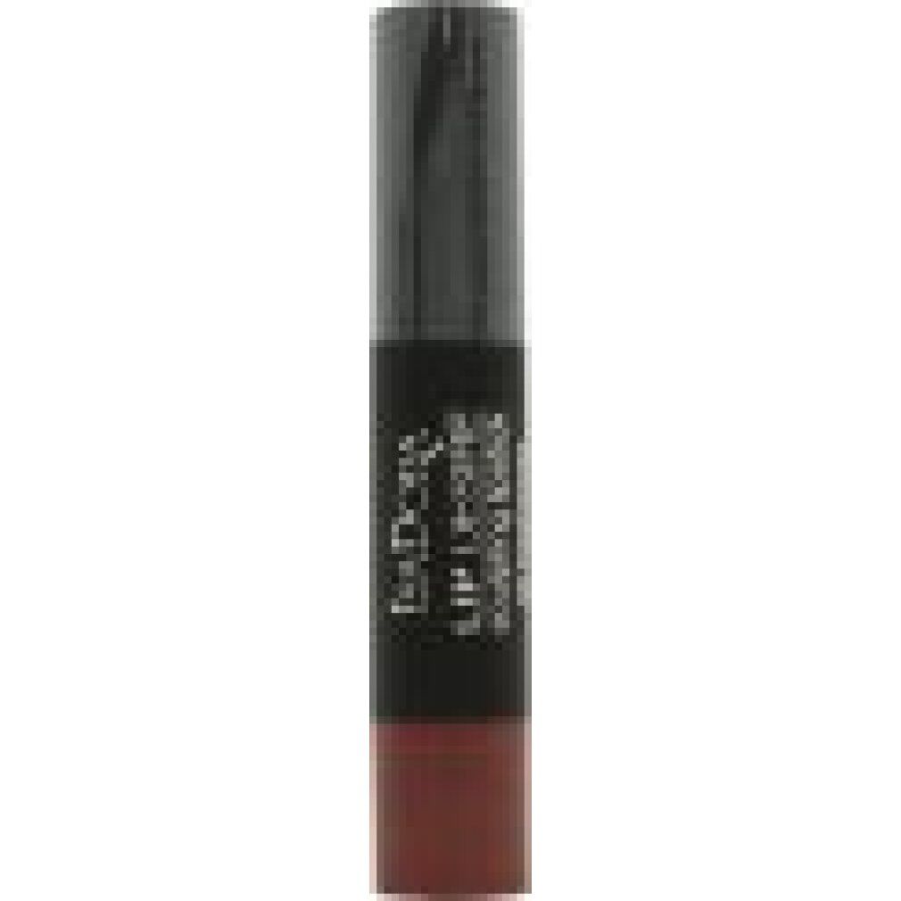 Lippenstift in schwarzer Hülle. Sichtbar: Produktname, Farbe. Dunkelbraune Farbe. Schwarze Kappe.