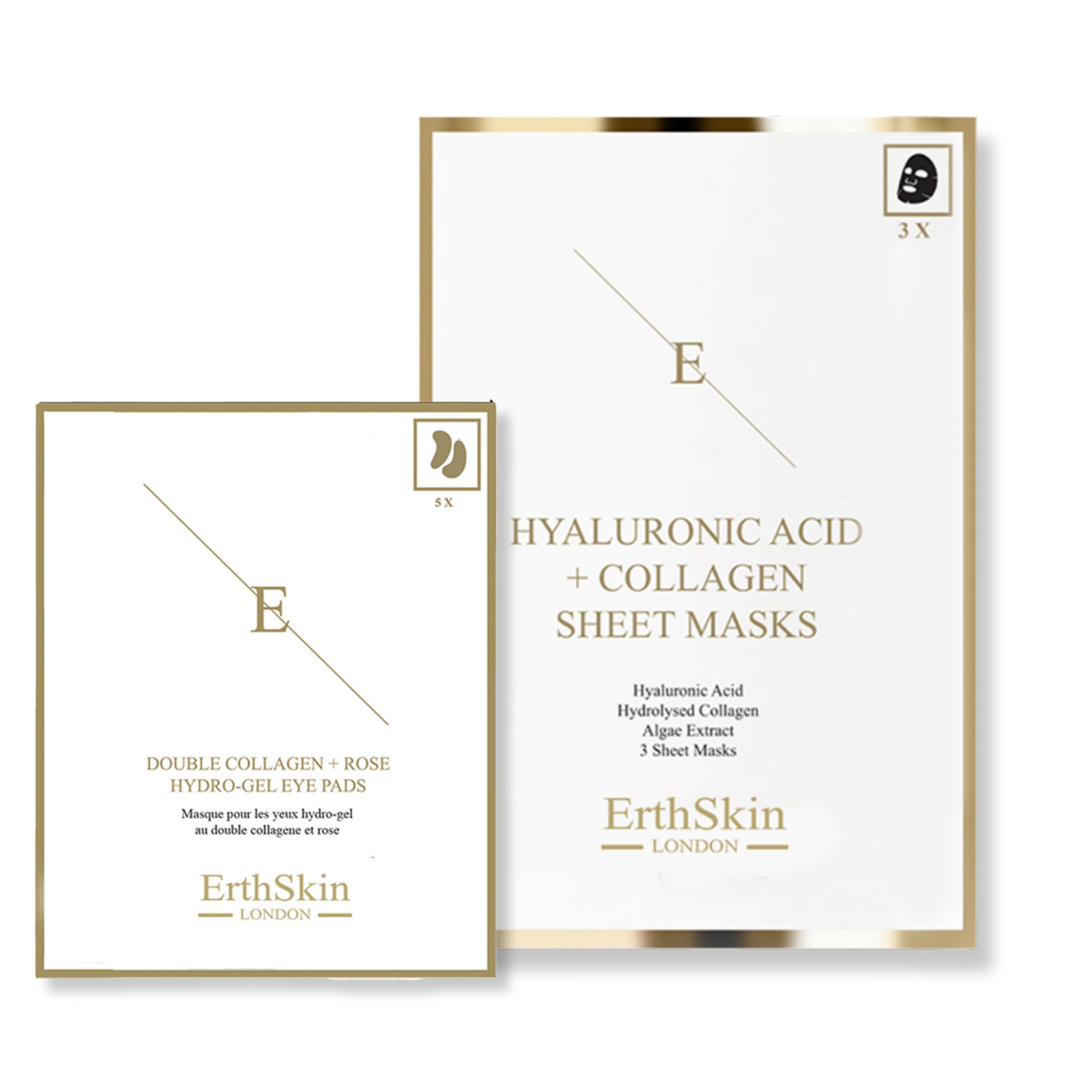 Zwei weiße Produktverpackungen. Eine Packung mit Augenpads, die andere mit Gesichtsmasken. Beide haben goldfarbene Akzente und das Logo "E".