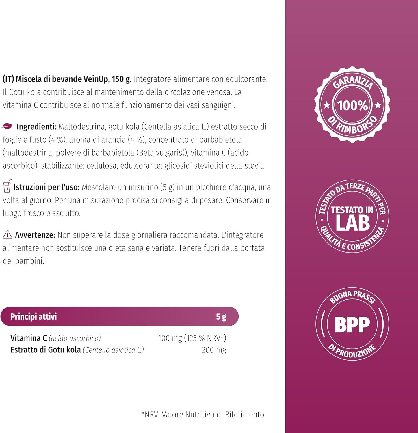 Produktinformationen für Nature's Finest VEIN UP. Inhaltsstoffe, Anwendung, Warnhinweise. Zertifizierungen.