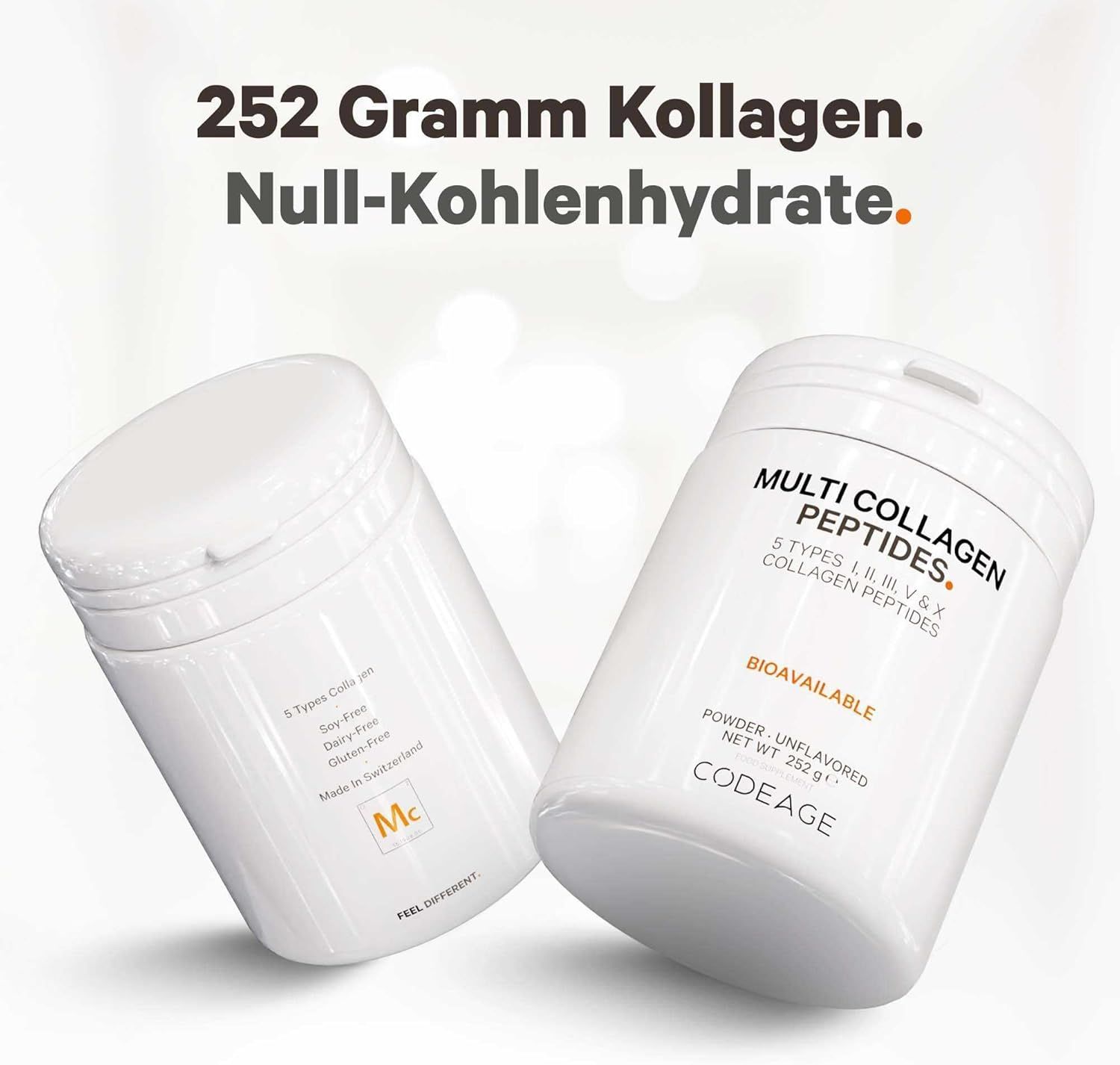 Zwei weiße Behälter mit 'MULTI COLLAGEN PEPTIDES'. Text: 5 Kollagentypen. Marke: CODEAGE. Netto-Gewicht: 252 g.