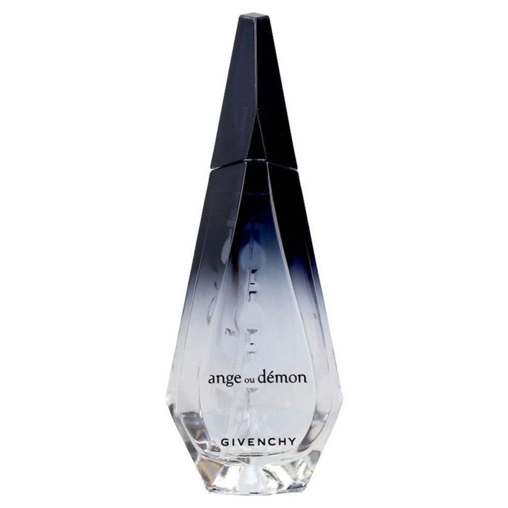 Parfümflakon, facettiertes Design, Farbverlauf von transparent zu dunkelblau. Schriftzug "ange ou démon" und "GIVENCHY".