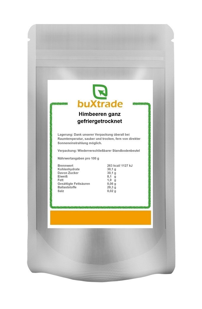 Beutel mit buXtrade Gefriergetrockneten Himbeeren. Etikett mit Nährwertangaben und Logo.