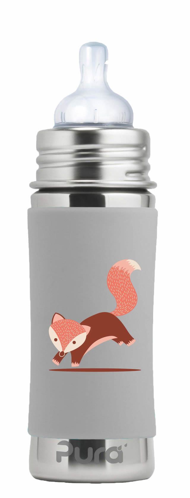 Babyflasche mit Silikon-Sleeve. Graue Flasche mit Fuchs-Illustration. Edelstahl-Deckel und -Boden. Marke Pura.