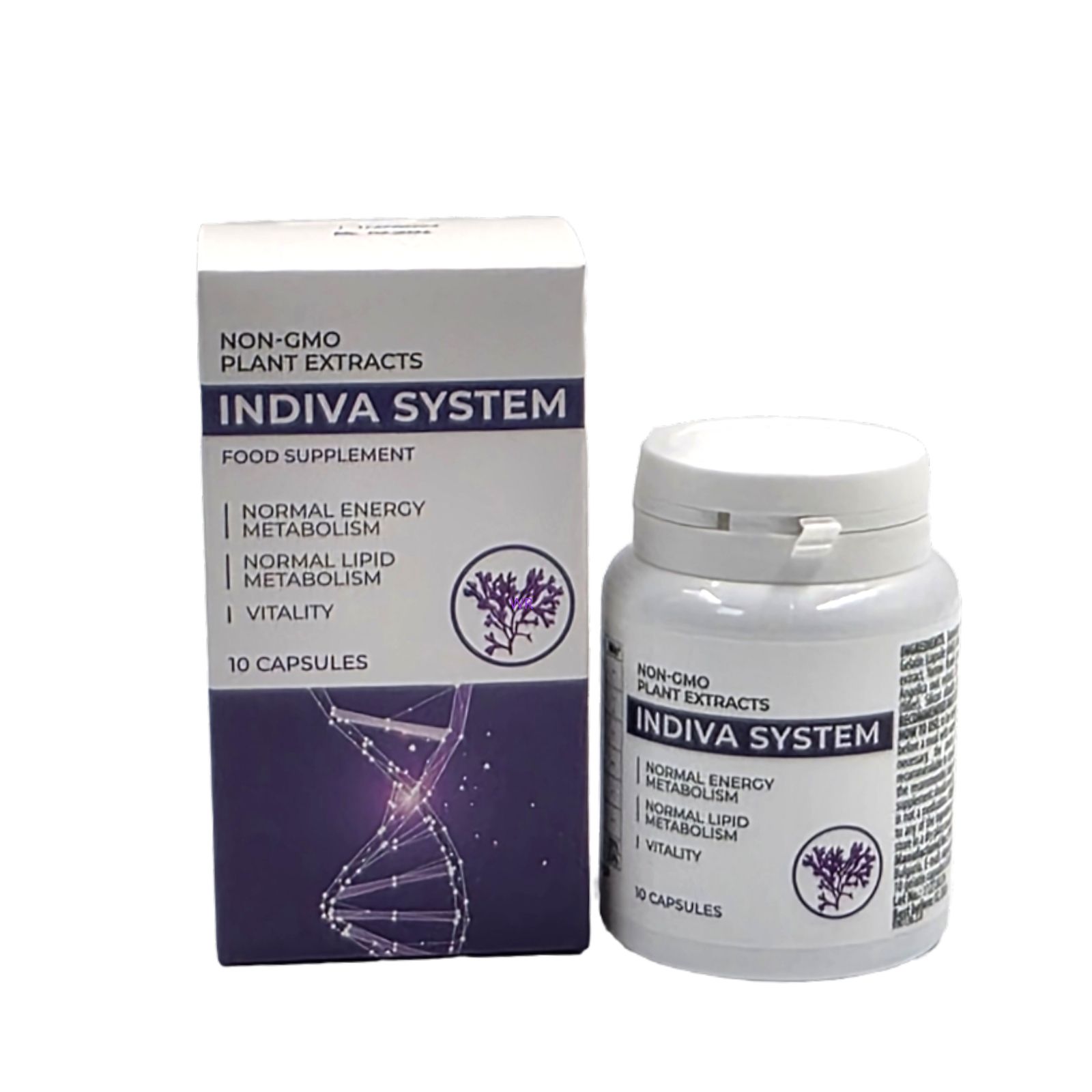 Weiße Flasche und Schachtel mit "INDIVA SYSTEM"-Nahrungsergänzungsmittel. Flasche mit weißem Deckel. Aufschrift: "Normaler Energiestoffwechsel", "Normaler Lipidstoffwechsel", "Vitalität".