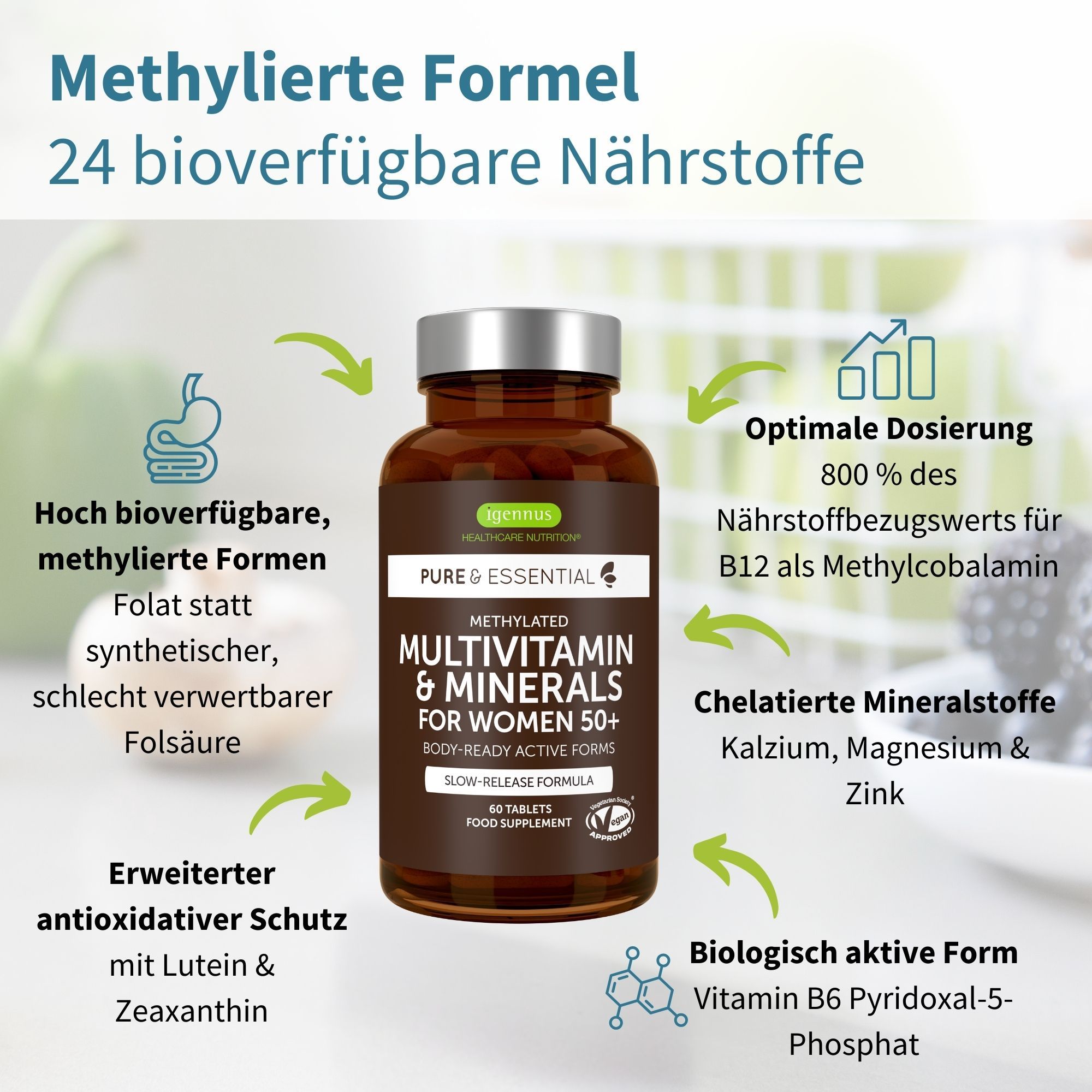 Flasche mit Multivitamin- und Mineralstoffkapseln für Frauen über 50, mit Hinweisen zu bioverfügbaren Formen.