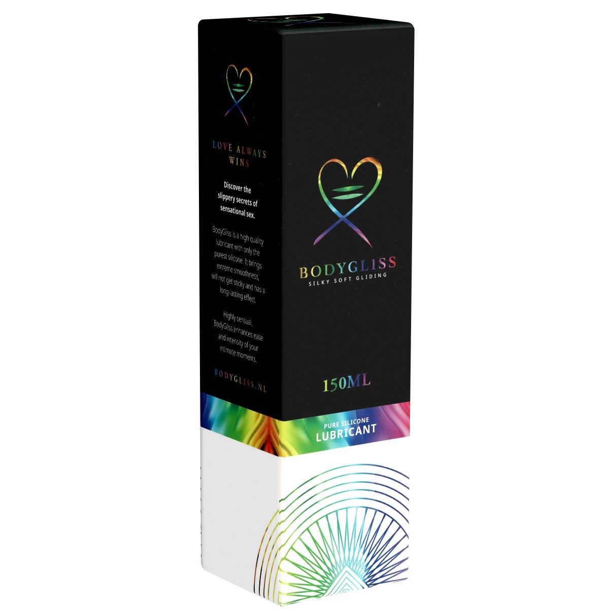 Schwarze Verpackung mit Logo und Text. Regenbogenfarbenes Design. Text: Bodygliss, 150ml, Silky Soft Gliding, Pure Silicone Lubricant.