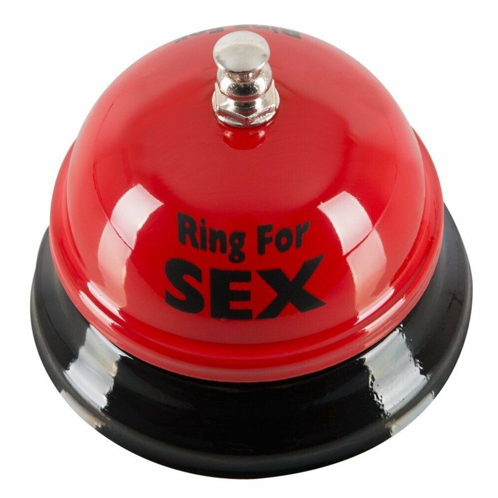 Rote Tischglocke mit schwarzem Sockel. Aufschrift "Ring For SEX" in Schwarz.