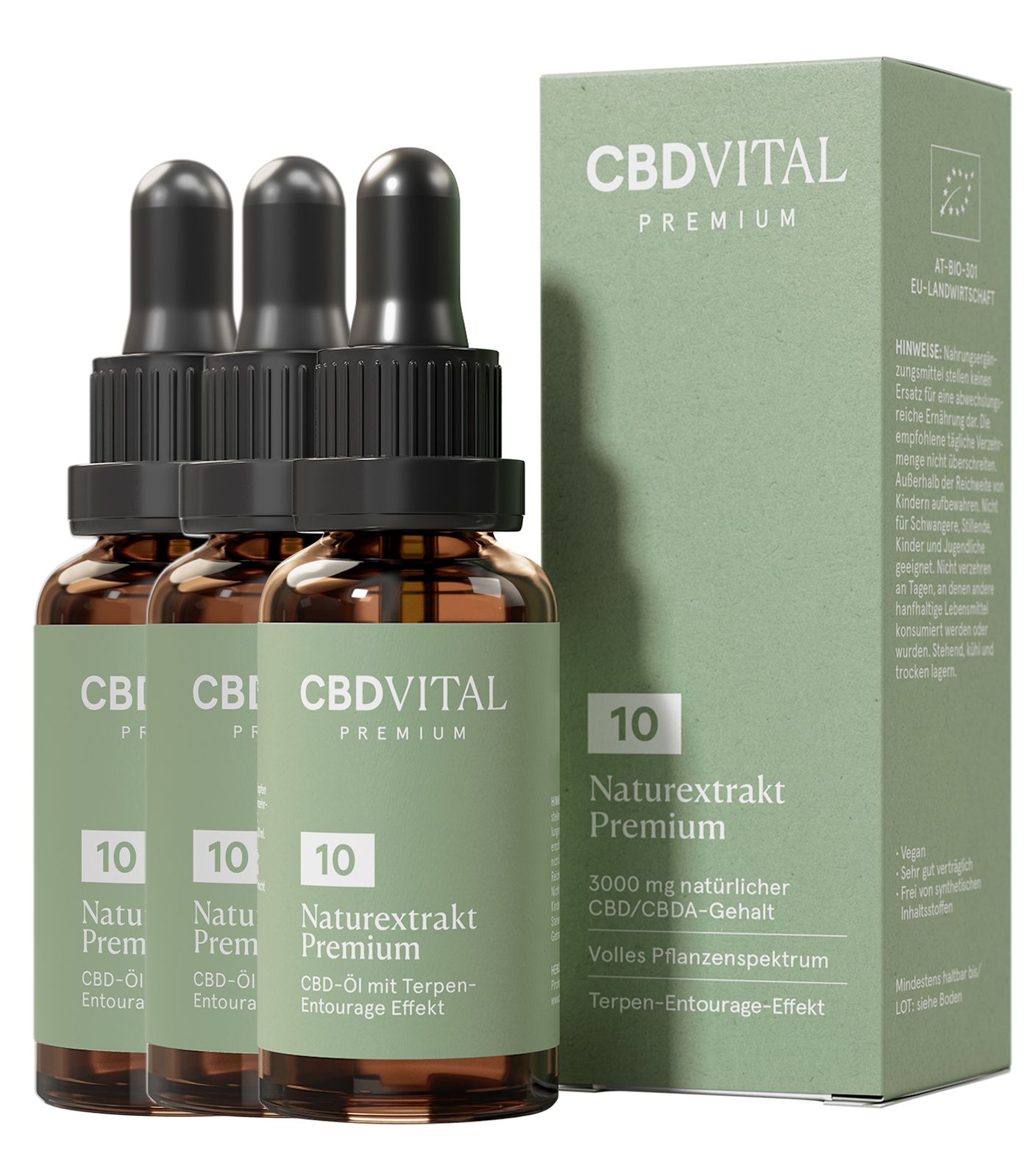 Drei Flaschen CBD VITAL Bio CBD 10% Naturextrakt Premium Hanföl mit Pipetten und einer Verpackungsbox.