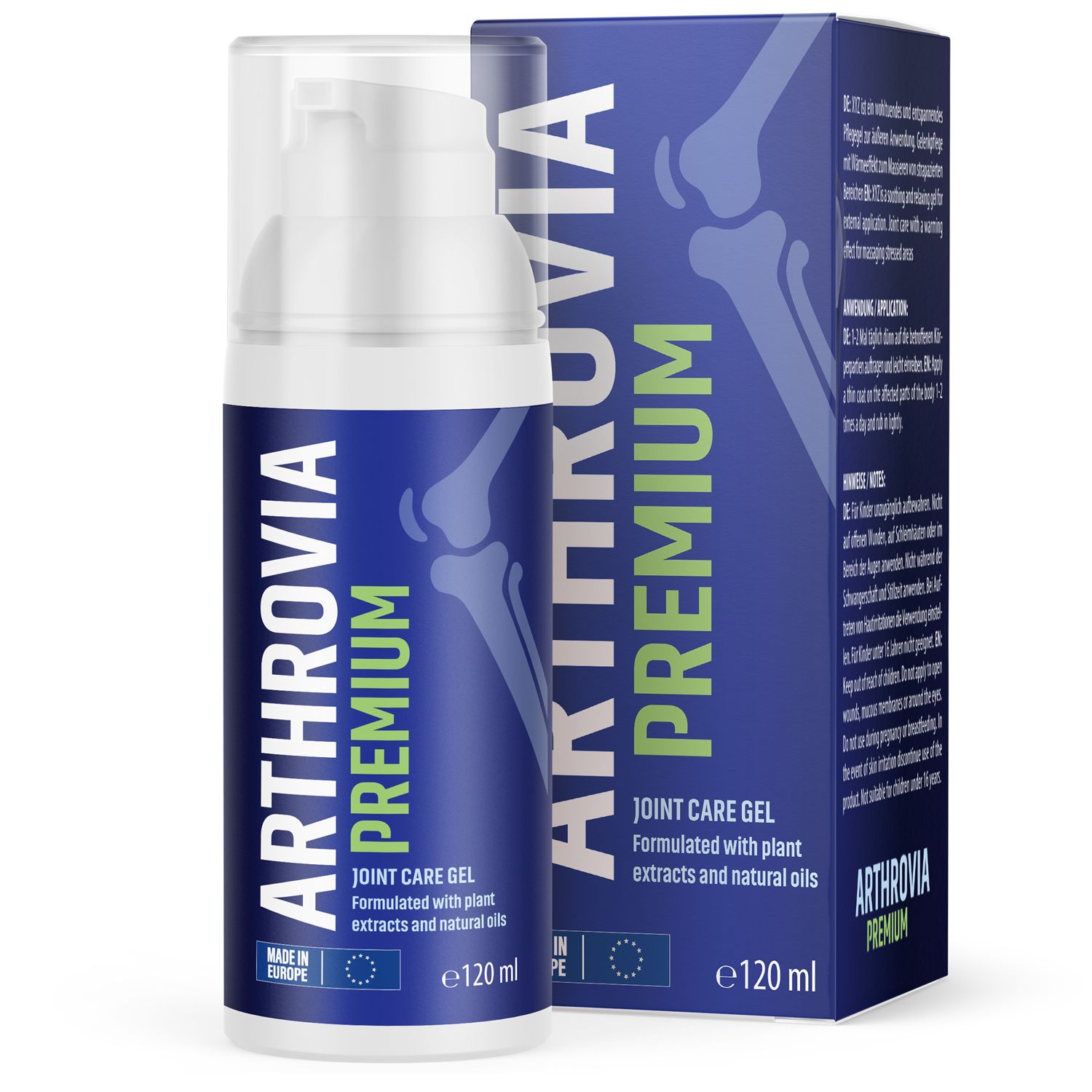 Arthrovia Premium Joint Care Gel. Blaue Flasche mit weißem Deckel und Etikett. Verpackung mit Produktinformationen und Logo.