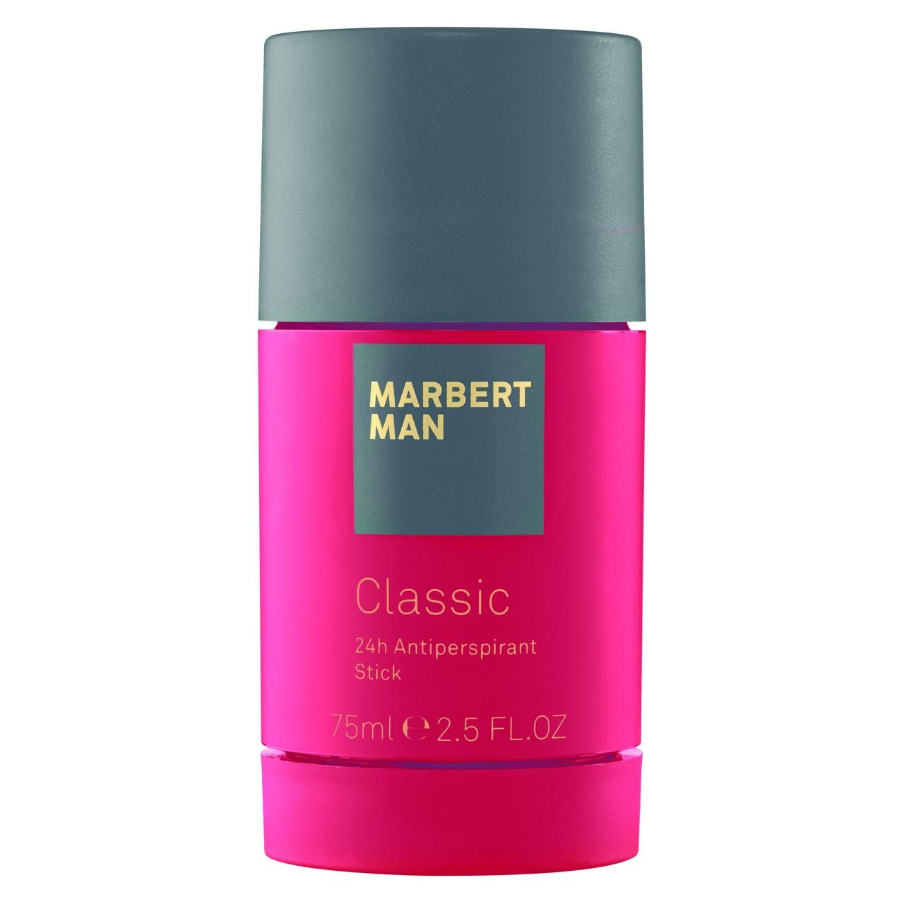 Deostift in Pink mit grauem Deckel. Aufschrift: Marbert Man Classic 24h Anti-Perspirant Stick, 75ml 2.5 FL.OZ.