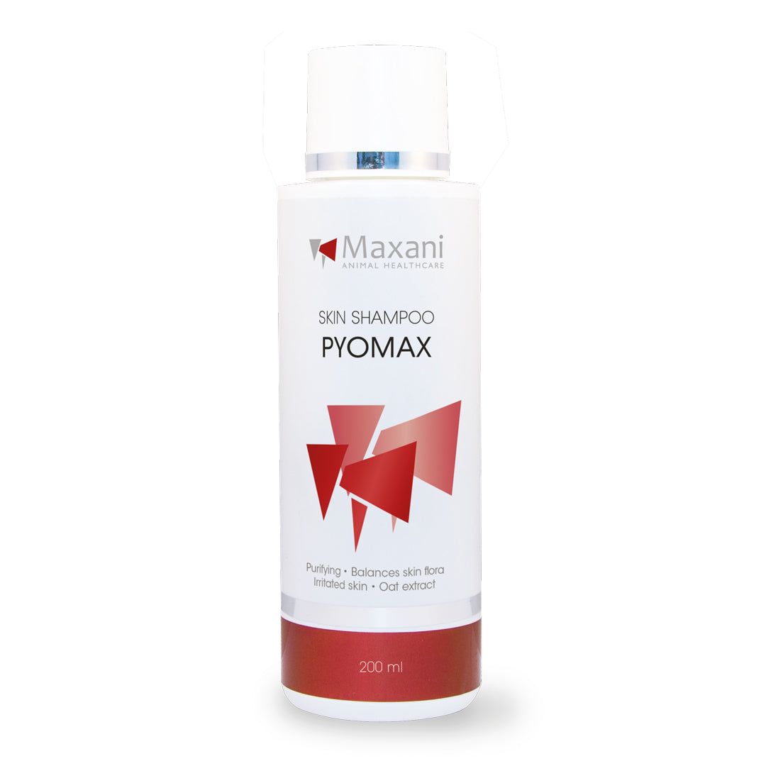 Weißes Shampoo-Fläschchen mit roter Grafik und Text. Der Flakon hat einen weißen Deckel und einen roten Streifen am Boden.