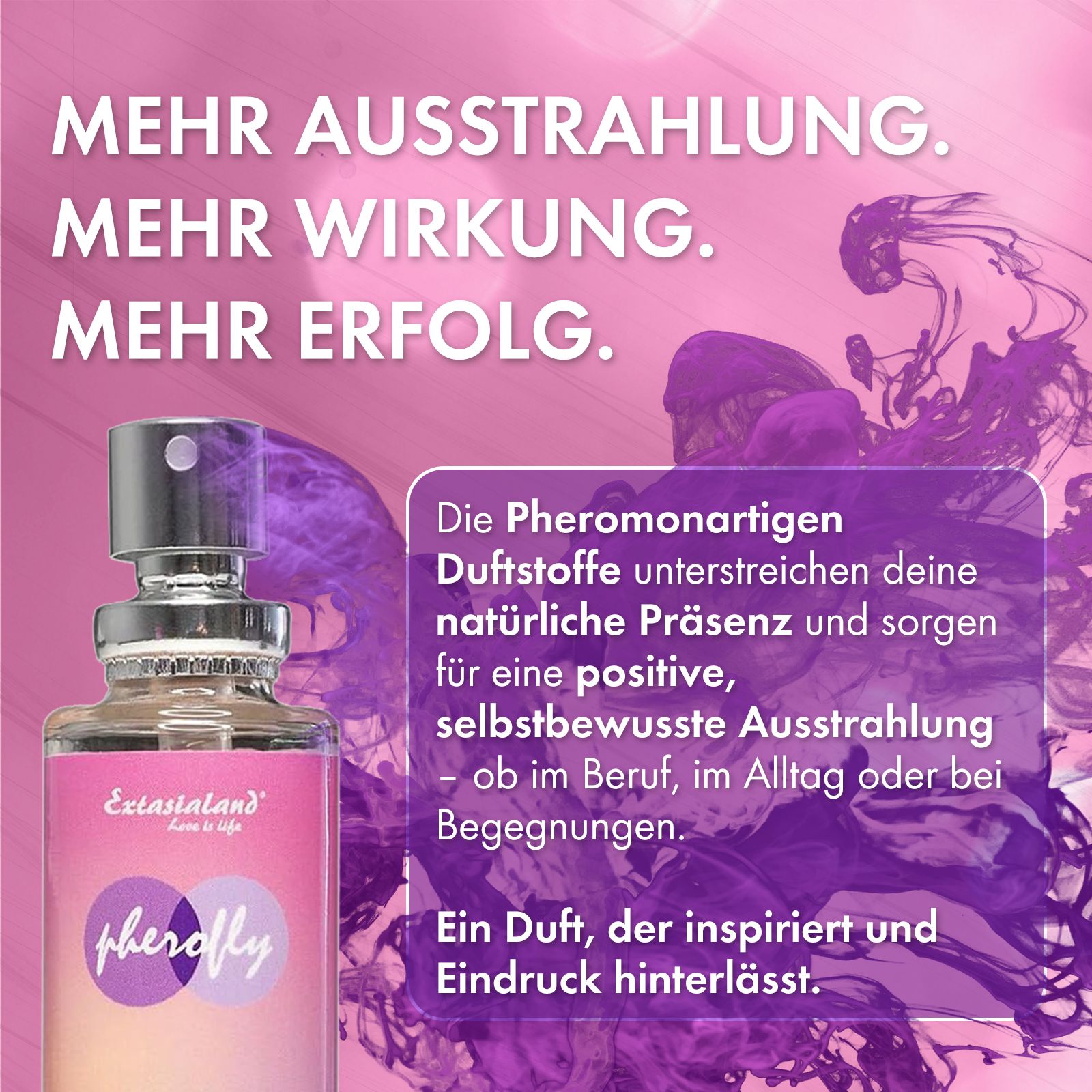 Parfumflasche mit Zerstäuber. Lila Etikett mit Produktnamen. Hintergrund mit Text über das Produkt.