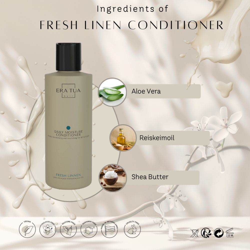 Beige Flasche mit schwarzem Deckel. Text: Era Tua, Daily Moisture Conditioner, Fresh Linen. Inhaltsstoffe: Aloe Vera, Reiskeimöl, Sheabutter.