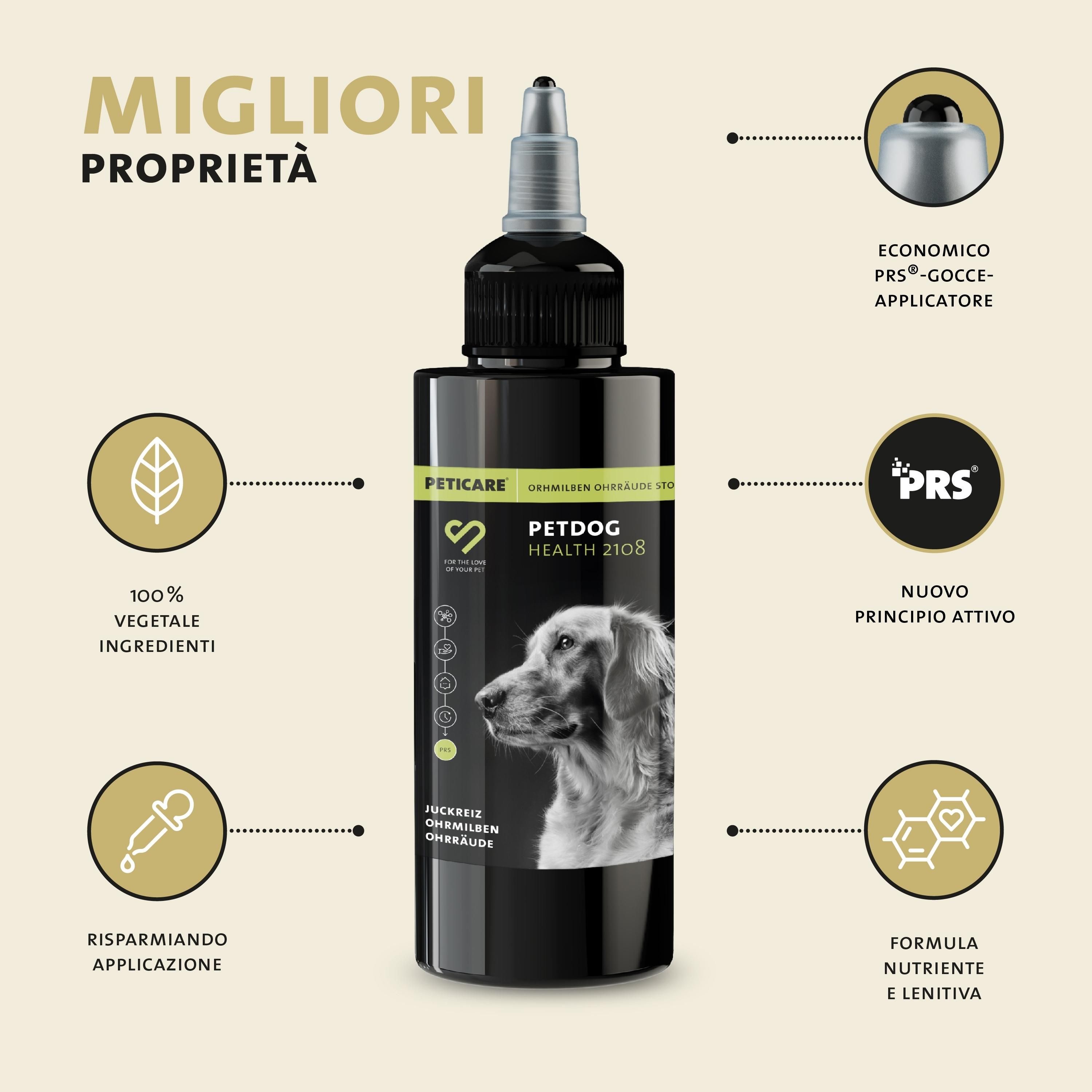 Schwarze Flasche mit Produkt. Text: Peticare, Petdog Health 2108. 100% pflanzliche Inhaltsstoffe.