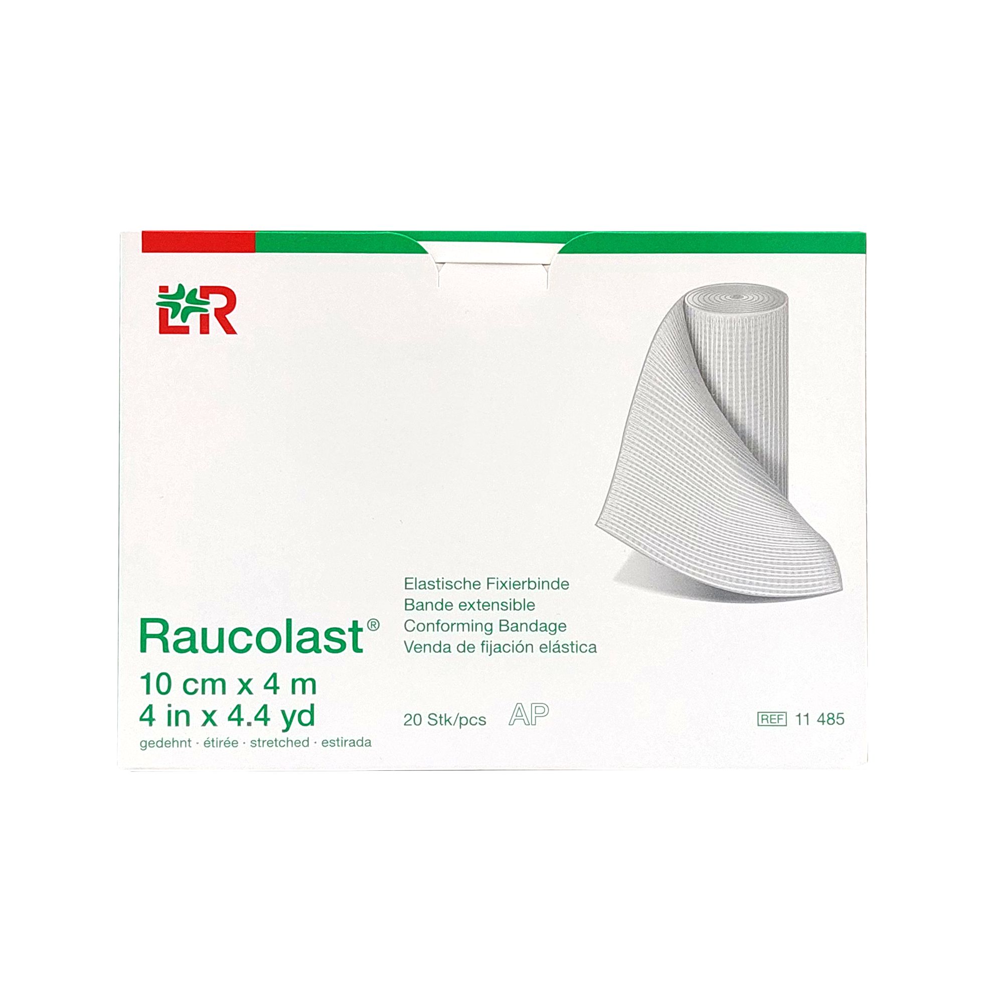 Raucolast AP Verbandrolle in Verpackung. Weißes, elastisches Verbandsmaterial. Aufdruck mit Produktinformationen.