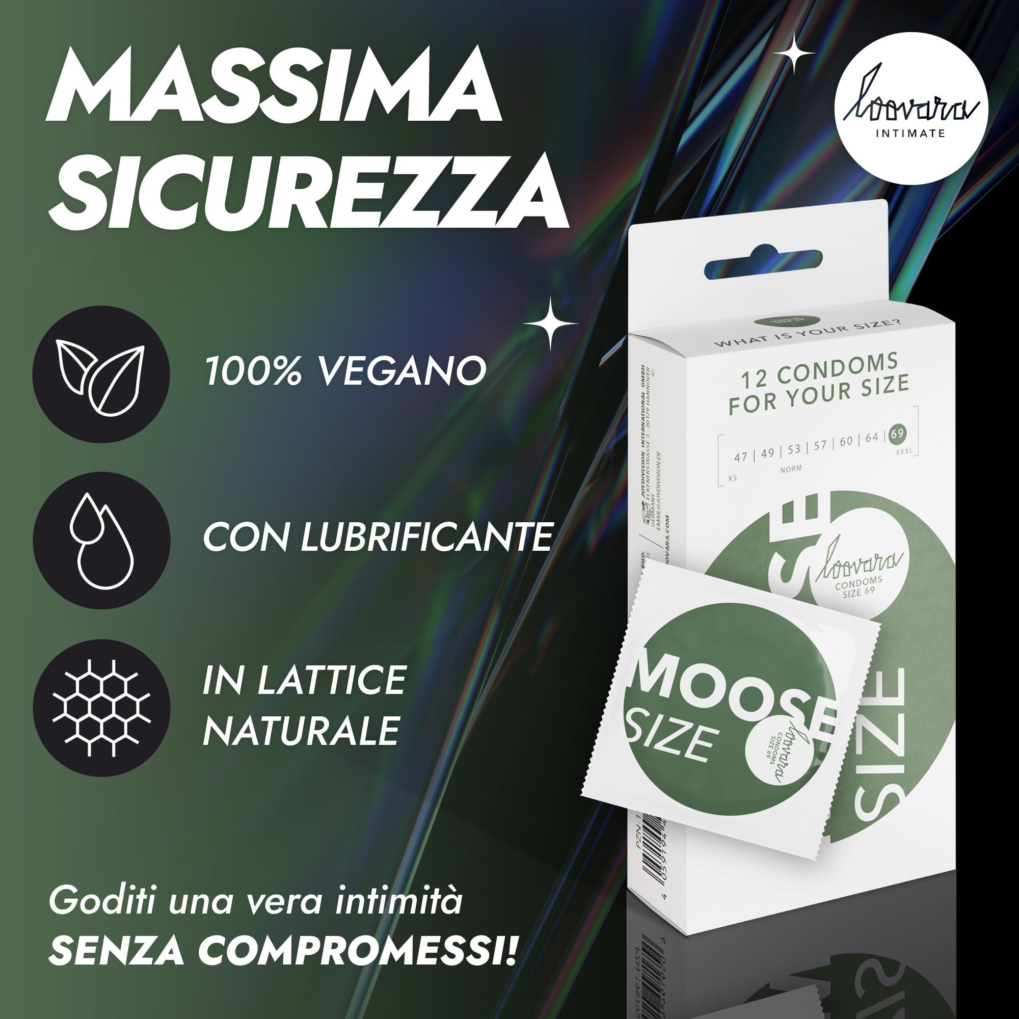 Loovara Moose Kondompackung mit 12 Stück, vegan, aus Naturkautschuk, mit Gleitmittel.