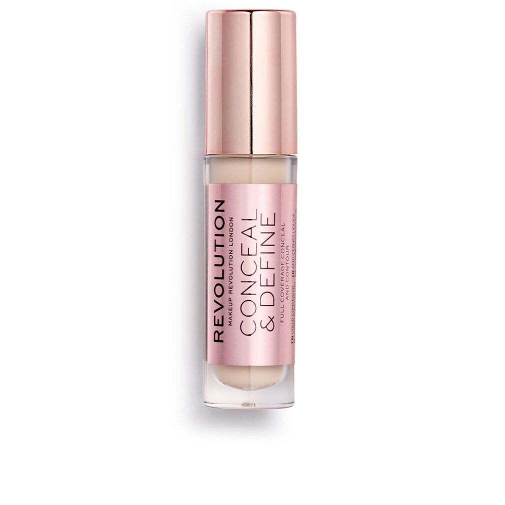 Concealer-Tube mit roségoldfarbenem Deckel. Aufkleber mit "REVOLUTION CONCEAL & DEFINE".