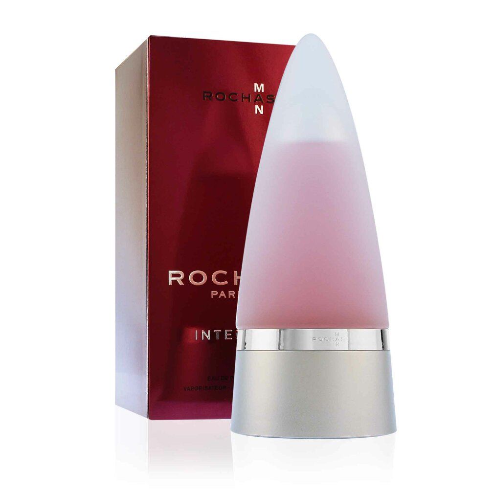 Rochas Man Intense Eau De Parfum Spray. Flakon in Kegelform mit silberfarbenem Sockel. Roter Karton mit Produktnamen.