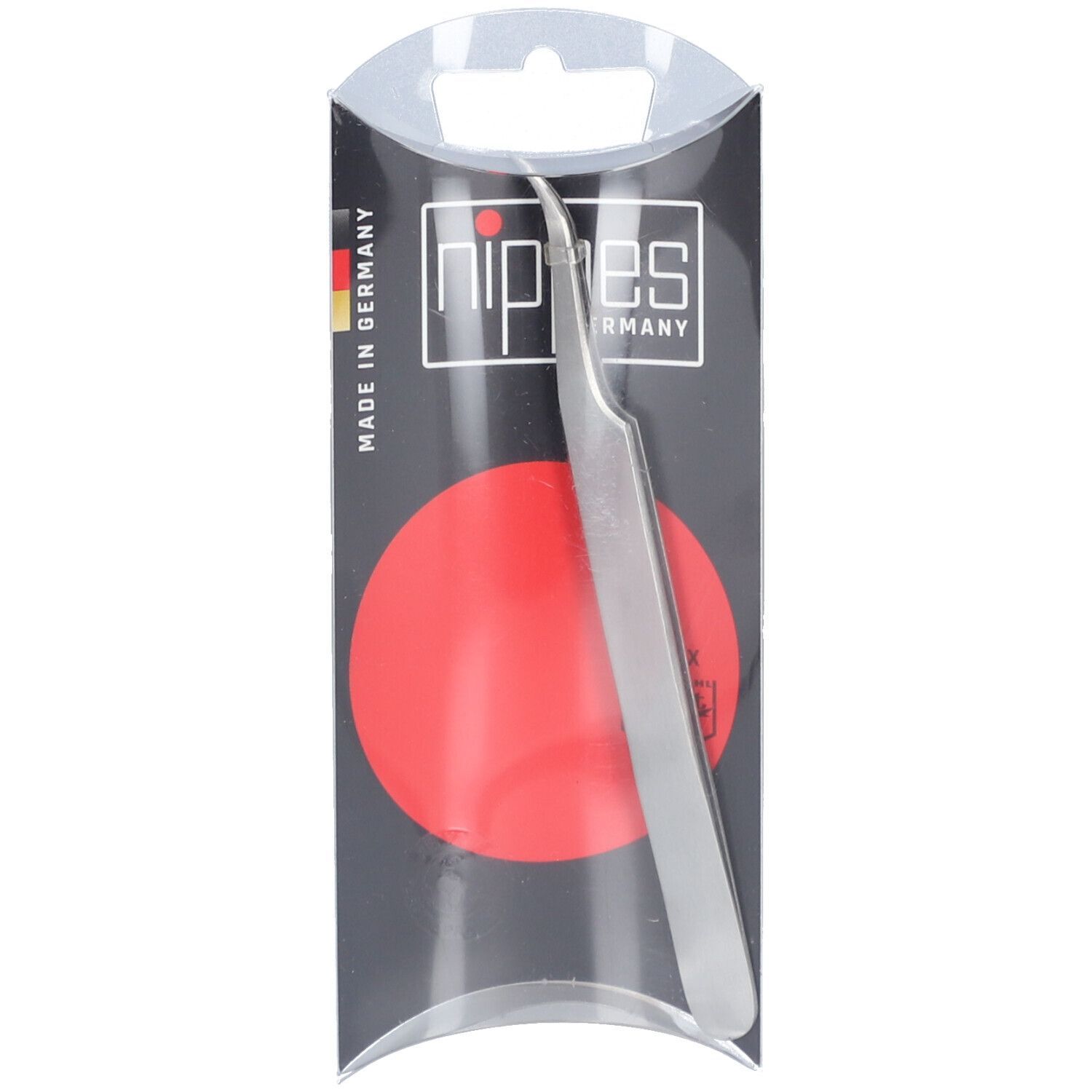 Pinzette aus rostfreiem Stahl in Verpackung. Marke Nippes, roter Kreis, schwarzer Hintergrund. Made in Germany.