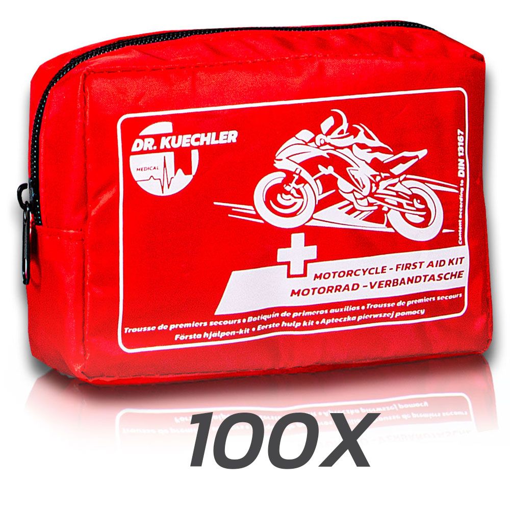 Rote Motorrad-Verbandtasche mit weißem Logo und Aufdruck. Schwarzer Reißverschluss. DIN 13167.