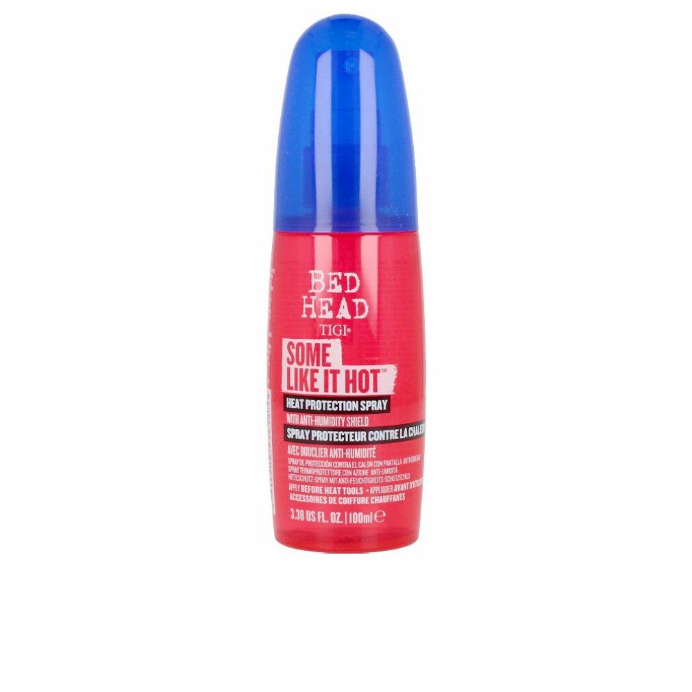 Rote Sprühflasche mit blauem Deckel. Aufschrift: Bed Head Some Like It Hot Heat Protection Spray.