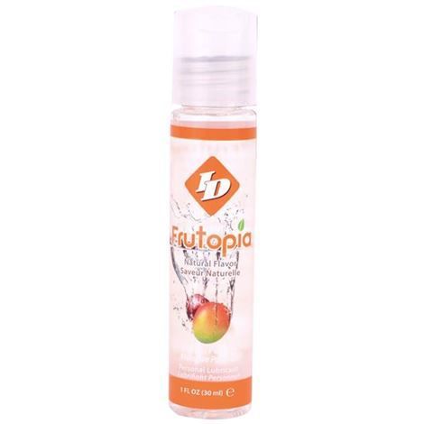 Transparente Flasche mit ID Frutopia Mango. Orangefarbener Aufdruck, Mango-Abbildung. Deckel und Sprühkopf. 1 FL OZ (30 ml).