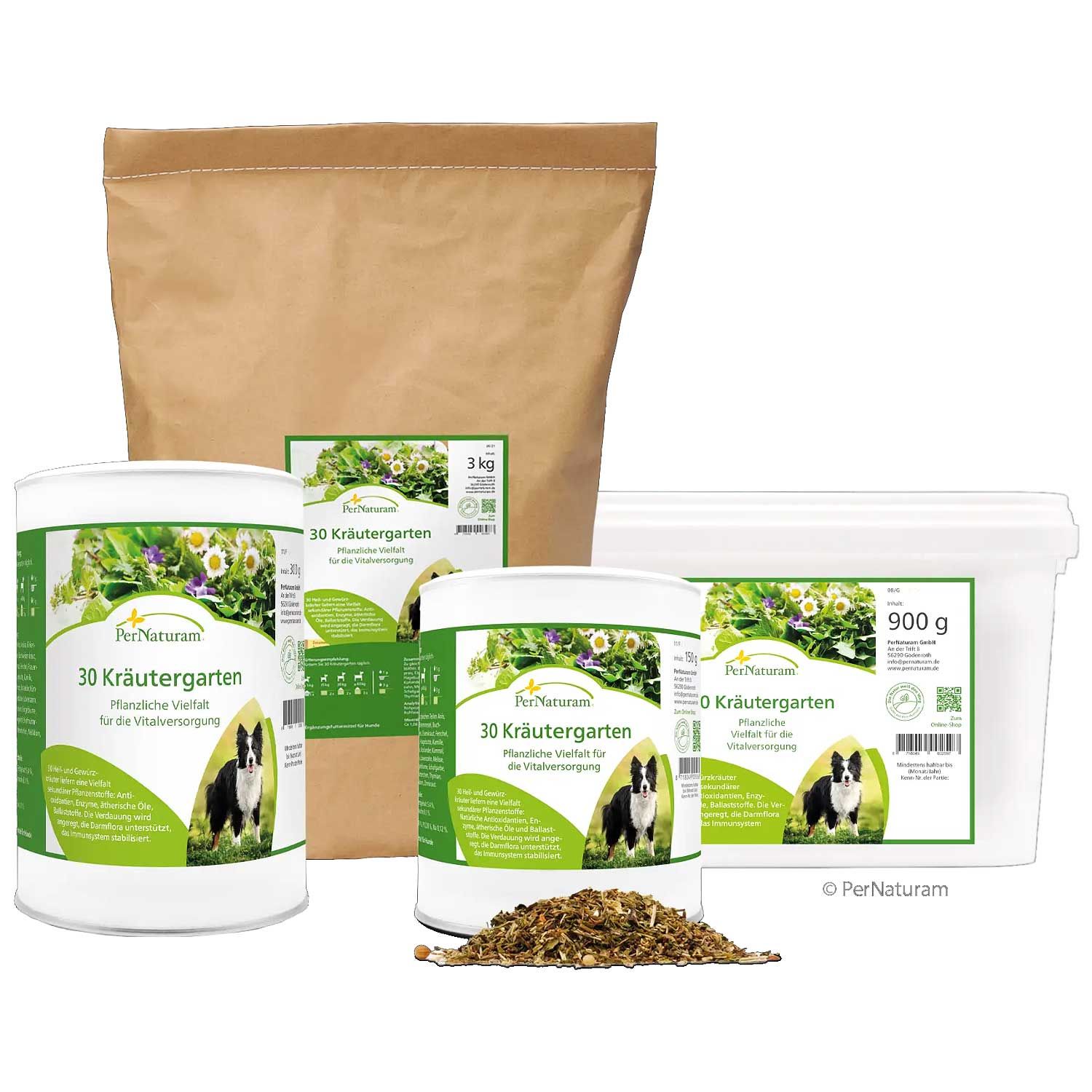 Verschiedene Behälter mit '30 Kräutergarten'. Braune Papiertüte, weiße Dosen und Behälter. Produktname und Logo sichtbar.