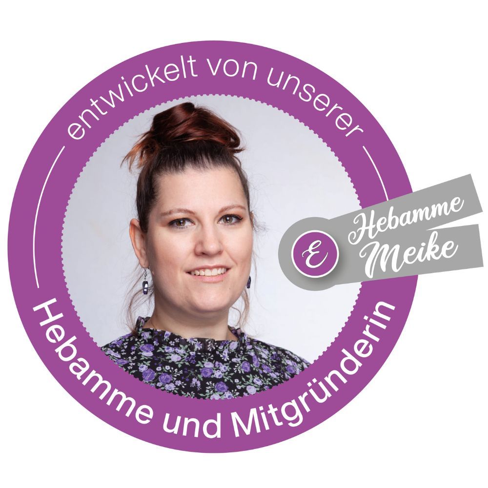 Porträt einer Frau. Text: Entwickelt von unserer Hebamme und Mitgründerin Hebamme Meike. myEphelia Logo.