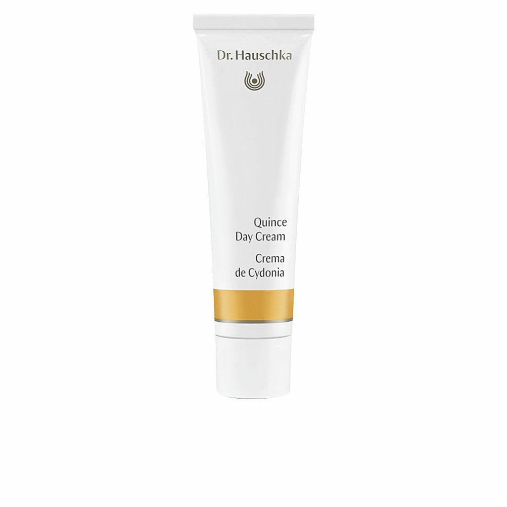 Weiße Tube mit goldfarbenem Streifen. Beschriftung: Dr. Hauschka, Quince Day Cream, Crema de Cydonia.
