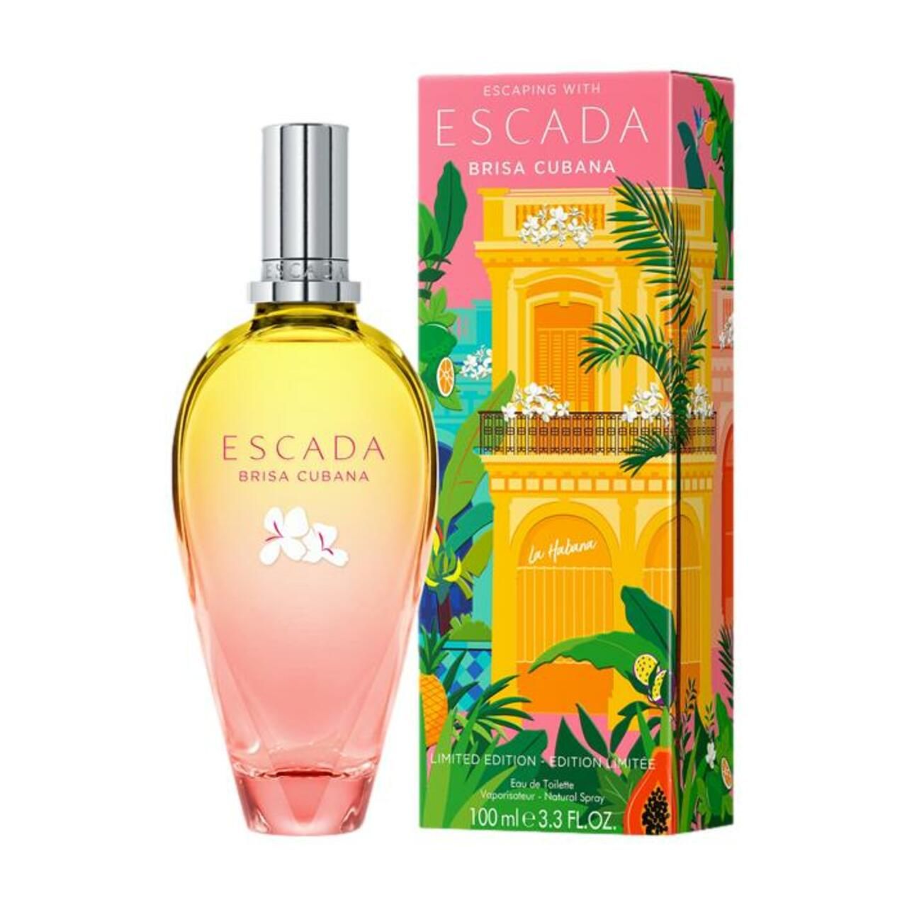 Parfümflasche und Verpackung. Escada Brisa Cubana. Flasche mit Farbverlauf, Blüten-Dekor.