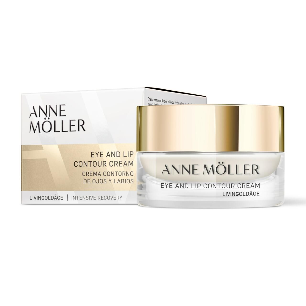 Creme-Tiegel und Verpackung. Aufschrift: Anne Möller, Eye and Lip Contour Cream. Goldener Deckel, weiße Creme.