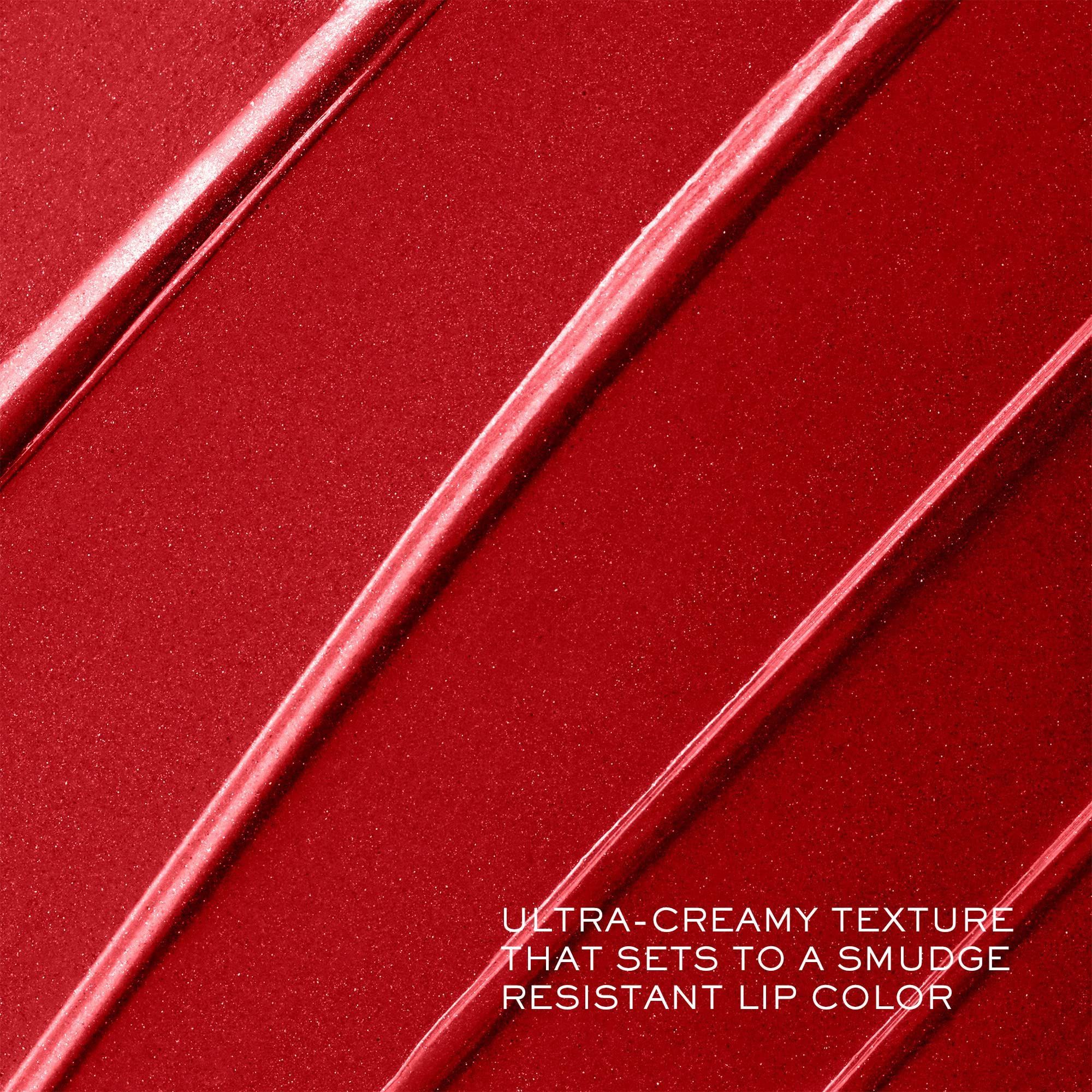 Nahaufnahme von rotem Lippenstift-Abstrich. Text: Ultra-cremige Textur, wischfest.