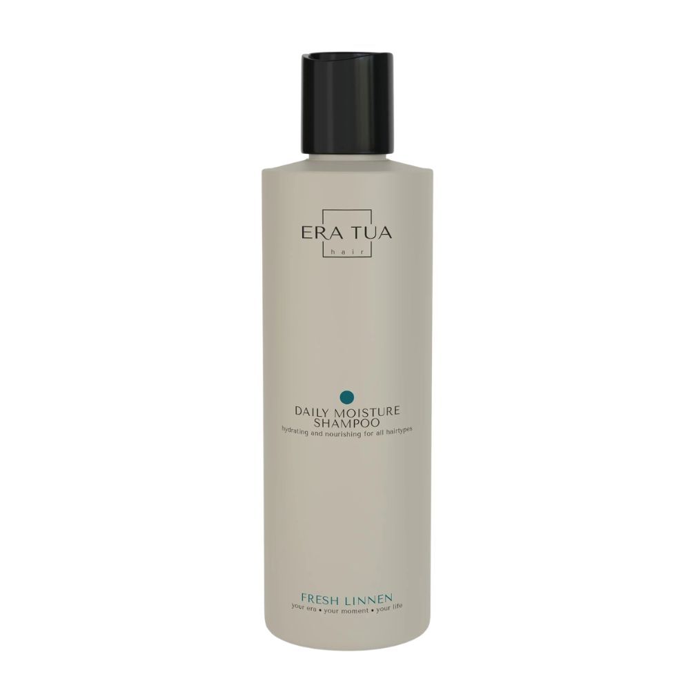 Beige Shampoo-Flasche mit schwarzem Deckel. Text: Era Tua, Daily Moisture Shampoo, Fresh Linen. Für alle Haartypen.