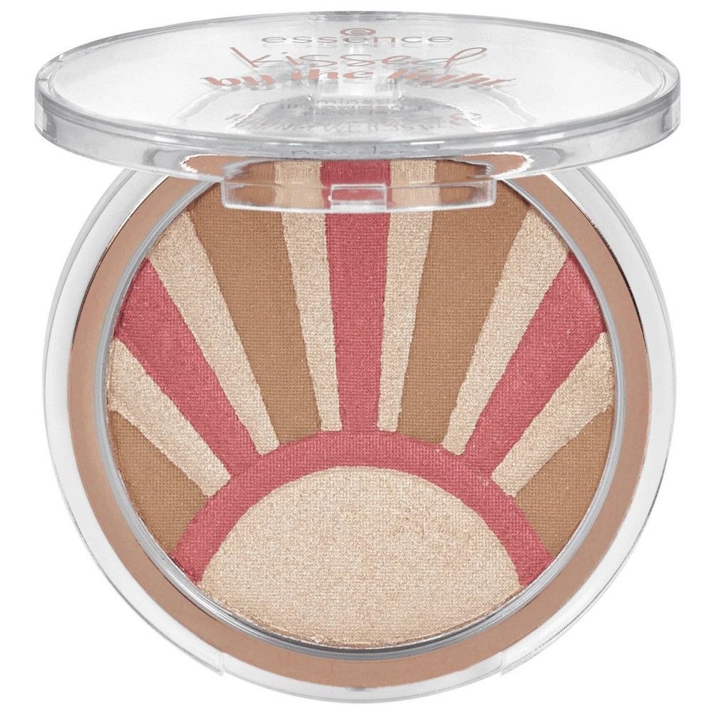 Runder Puder mit Sonnenmuster. Rosa, Beige und Braun. Transparente Abdeckung. Produktname nicht sichtbar.