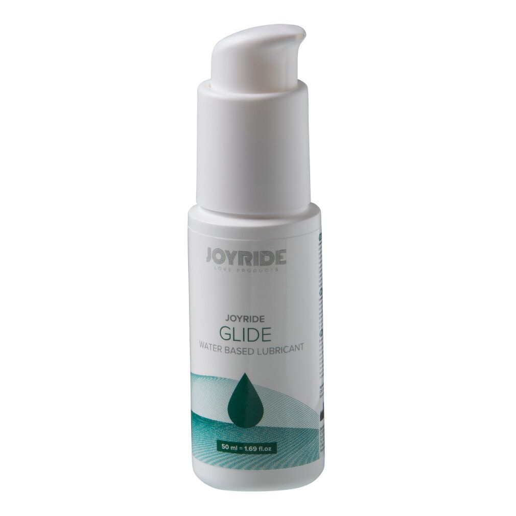 Weiße Flasche mit Pumpverschluss. Aufschrift: JOYRIDE GLIDE, Wasserbasiertes Gleitmittel. Grüne Tropfen-Grafik. 50 ml.