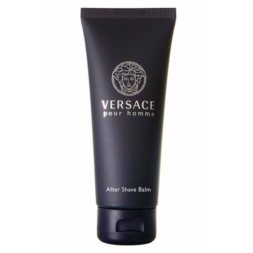 Dunkelblaue Tube. Aufschrift: VERSACE pour homme, After Shave Balm. Silbernes Logo und Schrift.