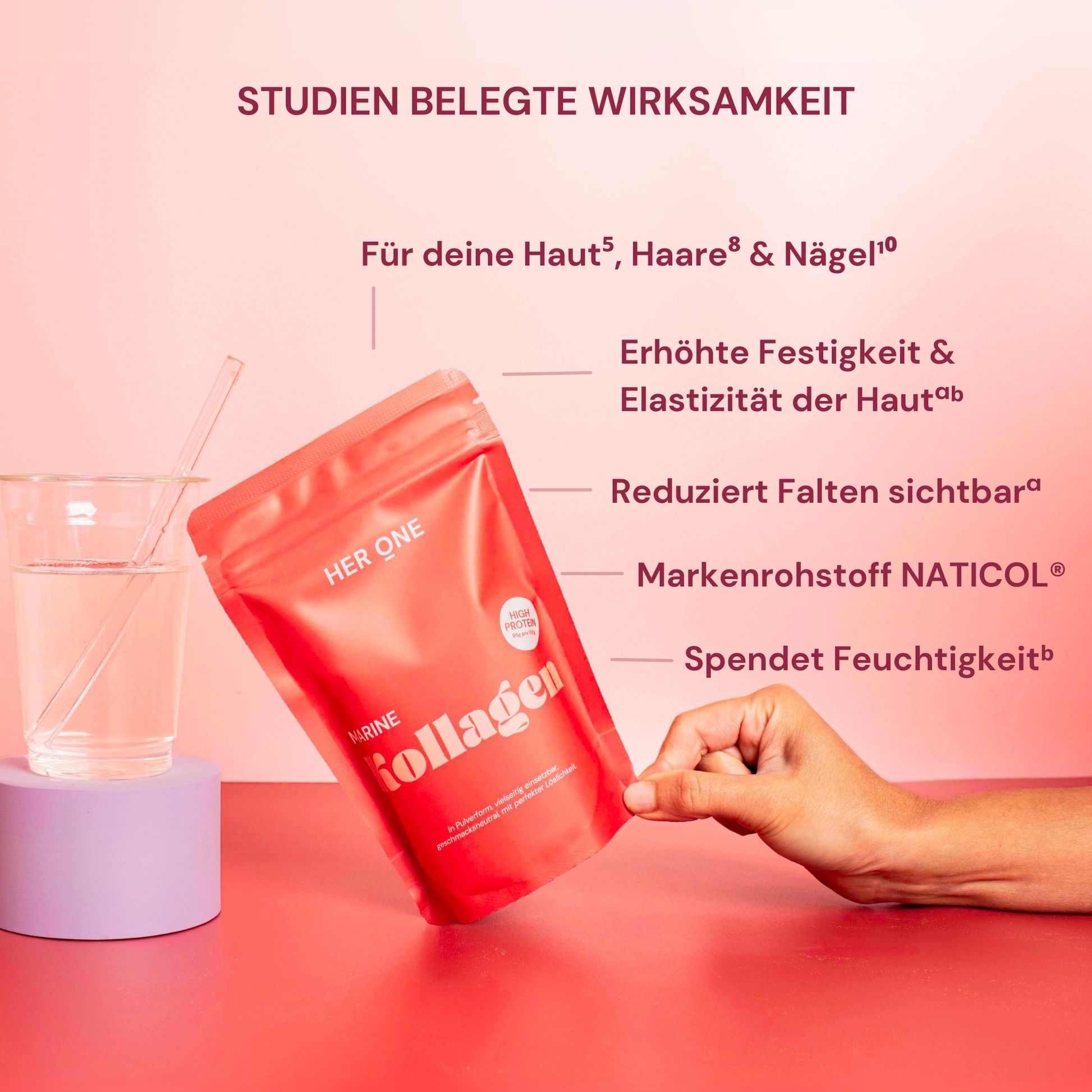 Rote Tüte "HER ONE Marine Kollagen" neben einem Glas Wasser. Text: Studien belegen Wirksamkeit.