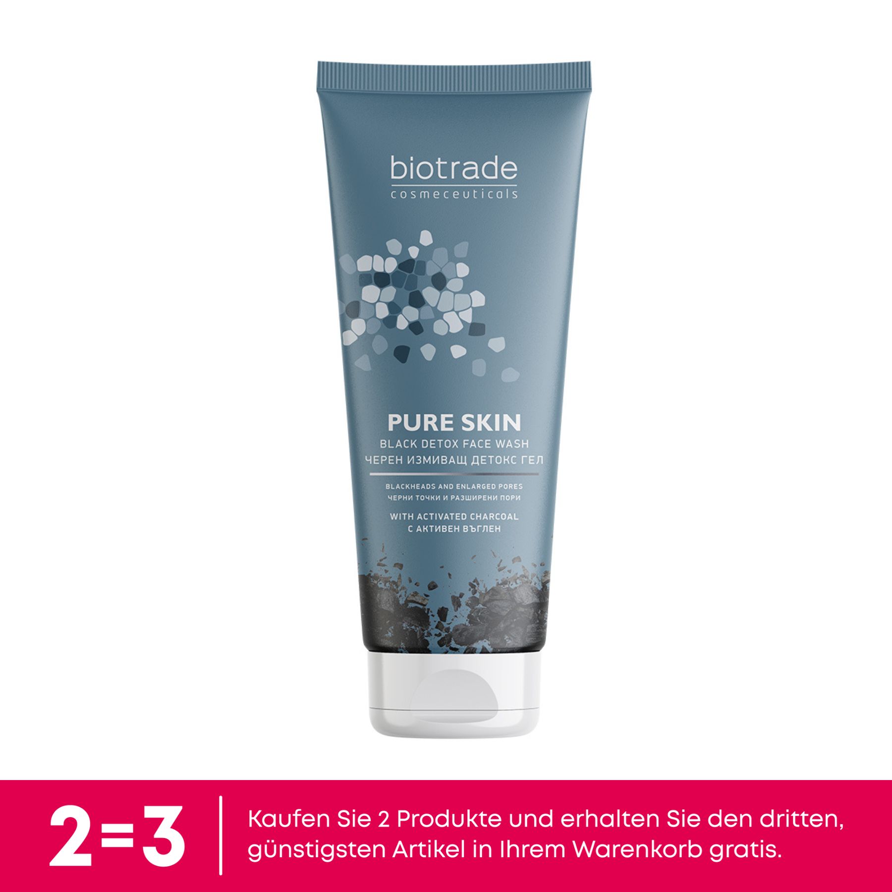 Blaue Tube mit Produktnamen und Text. Aufschrift: Pure Skin Black Detox Gesichtswaschgel. Darunter Werbebanner.