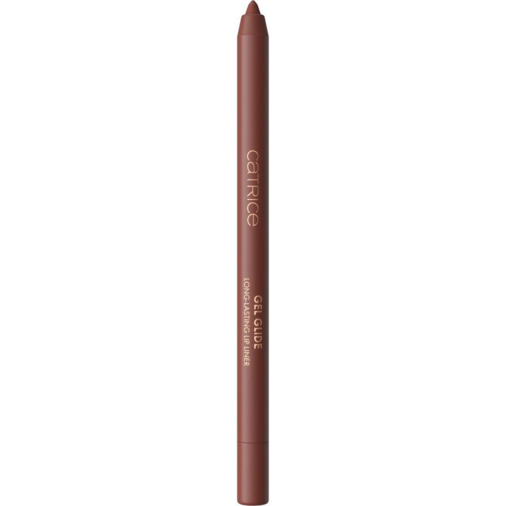 Catrice Gel Glide Lippenkonturenstift. Brauner Stift mit goldfarbener Kappe. Produktname und Marke sind sichtbar.